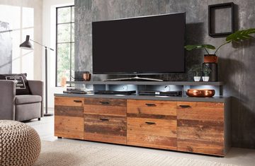 trendteam Lowboard Mood (TV Board in Used Wood Shabby und grau, 180 x 66 cm), viel Stauraum, mit Podest