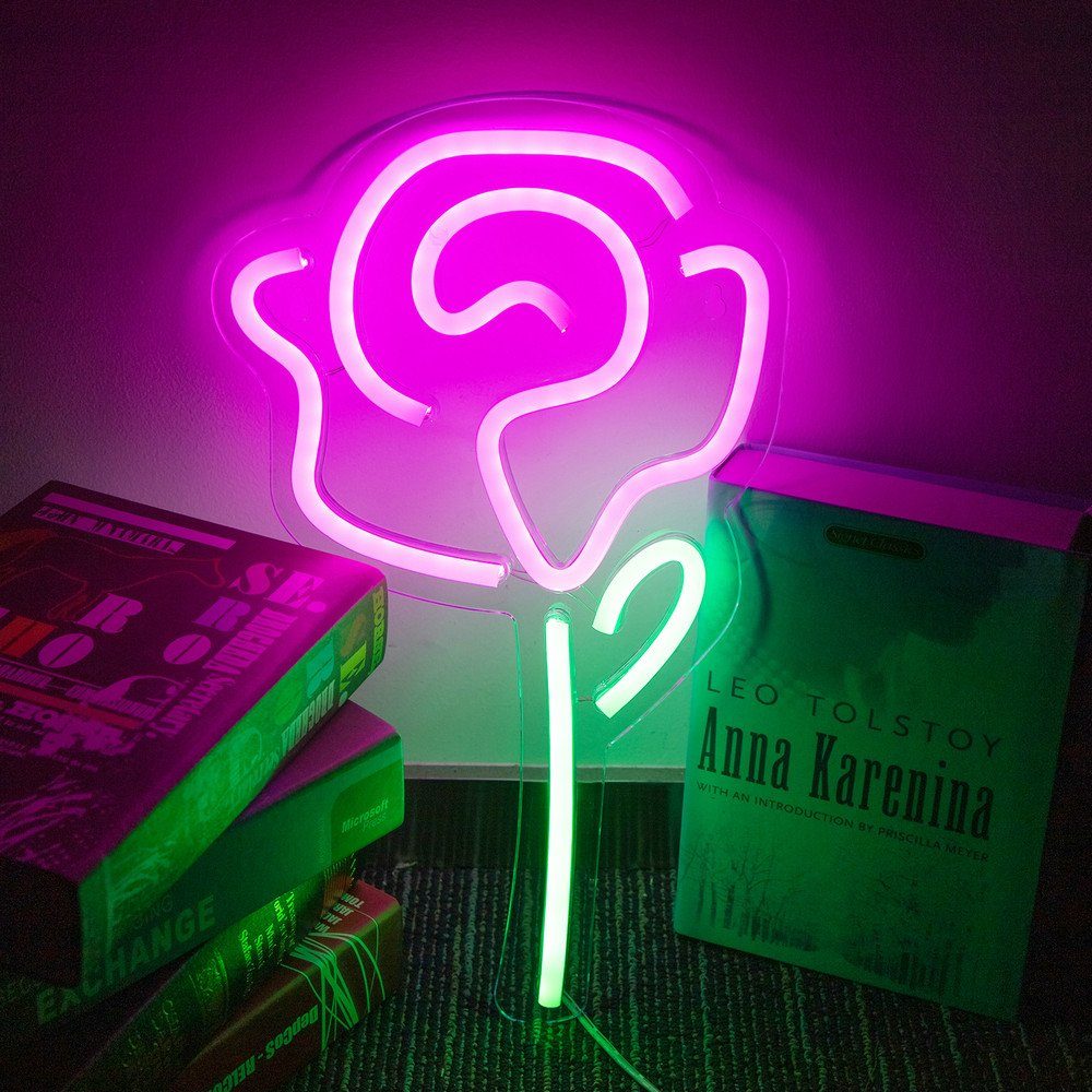 Rosnek LED Dekolicht Neon Lampe,Rose Ananas OPEN Good Vibes,Schlafzimmer Nachtlicht, Rose, mit USB transparenter Acrylrückwand
