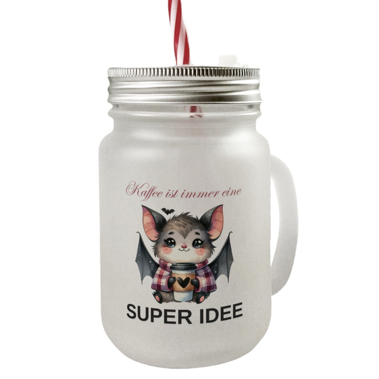 Glas Fledermaus mit Kaffeebecher Mason Jar Henkel Trinkglas Deckel Spruch