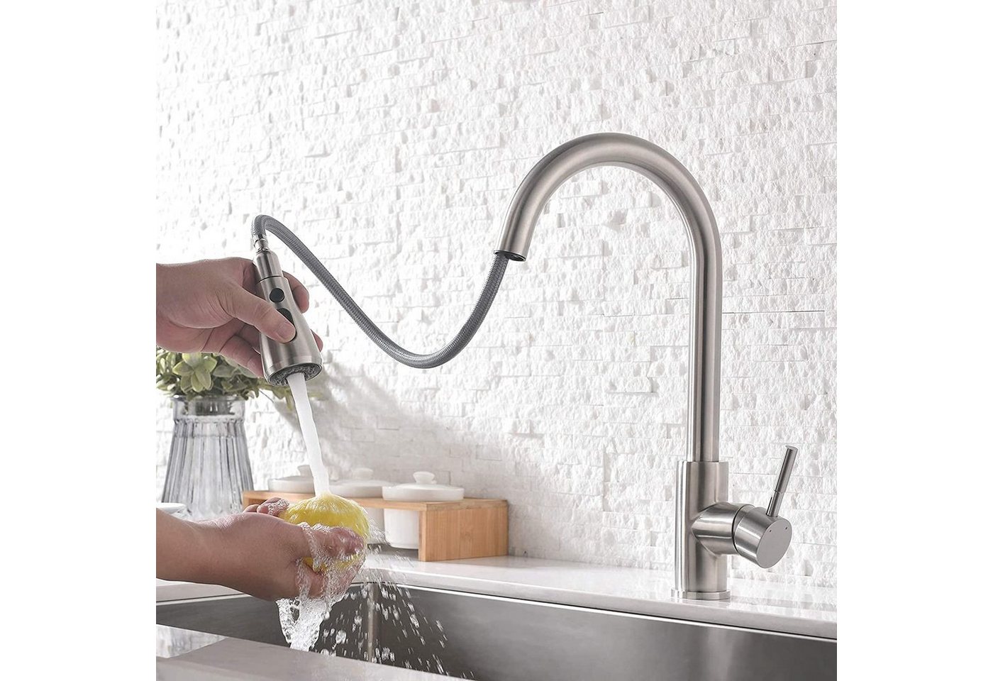 Thumbnail - XERSEK Küchenarmatur Hochdruck Wasserhahn Küche Mischbatterien Küchenarmatur mit Brause (Ausziehbar Spültischarmatur, Sp...