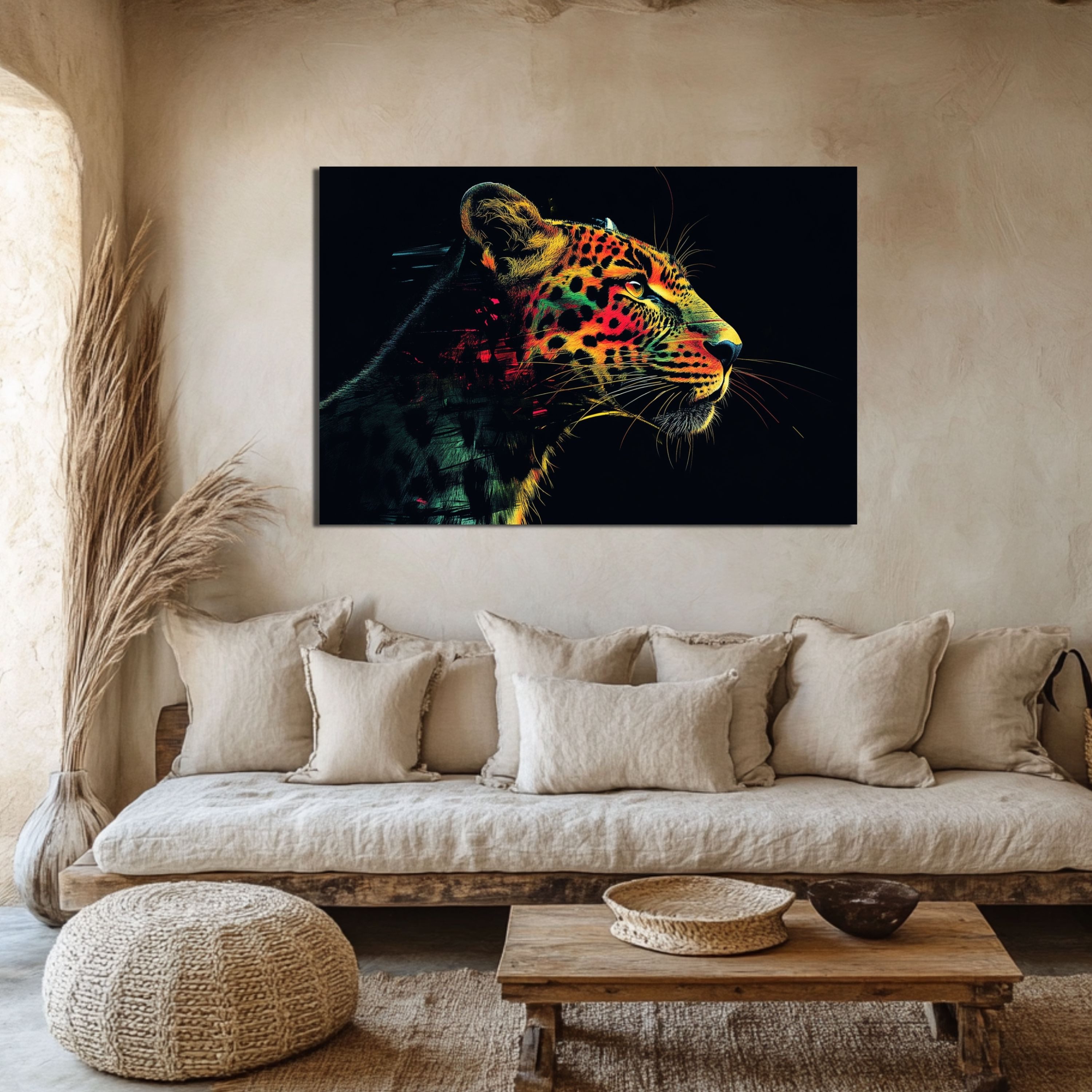 DARO Design Leinwandbild Modern Abstrakt Wandbilder XXL Wandbild Wand Deko Leinwand Bilder, (Jaguar Warhol Glitch - Bild groß Wohnzimmer Schlafzimmer Küche Esszimmer Einteilig Querformat Fotodruck Leinwände Wanddeko Abstrakte Kunst Boho), 84x56cm