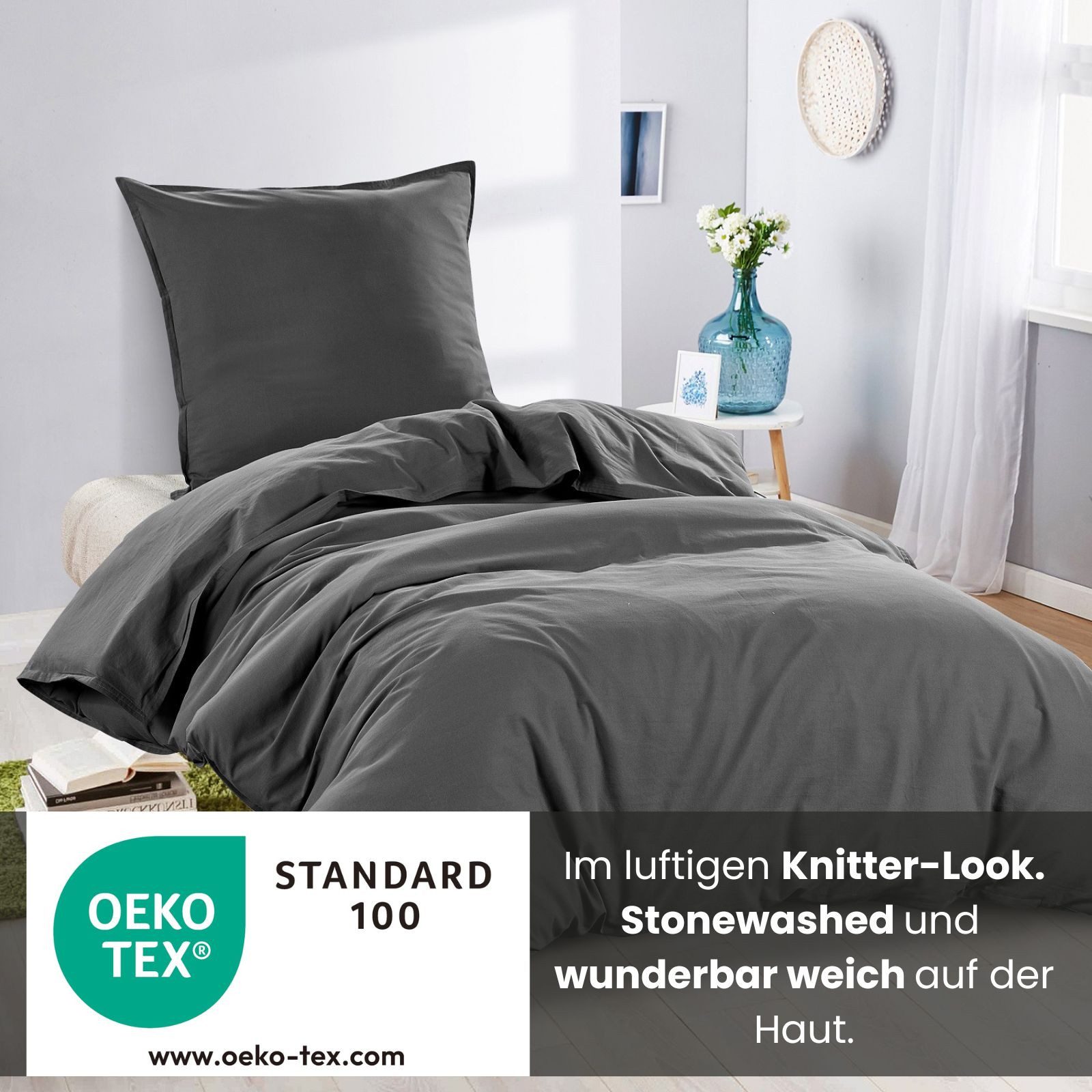 wometo Bettwäsche Stone Washed 135x200 Renforcé, Baumwolle, 2 teilig, OEKO-TEX®, 100% Baumwolle, Bettwäsche im Knitterlook mit Stehsaum – Bild 4 von 5