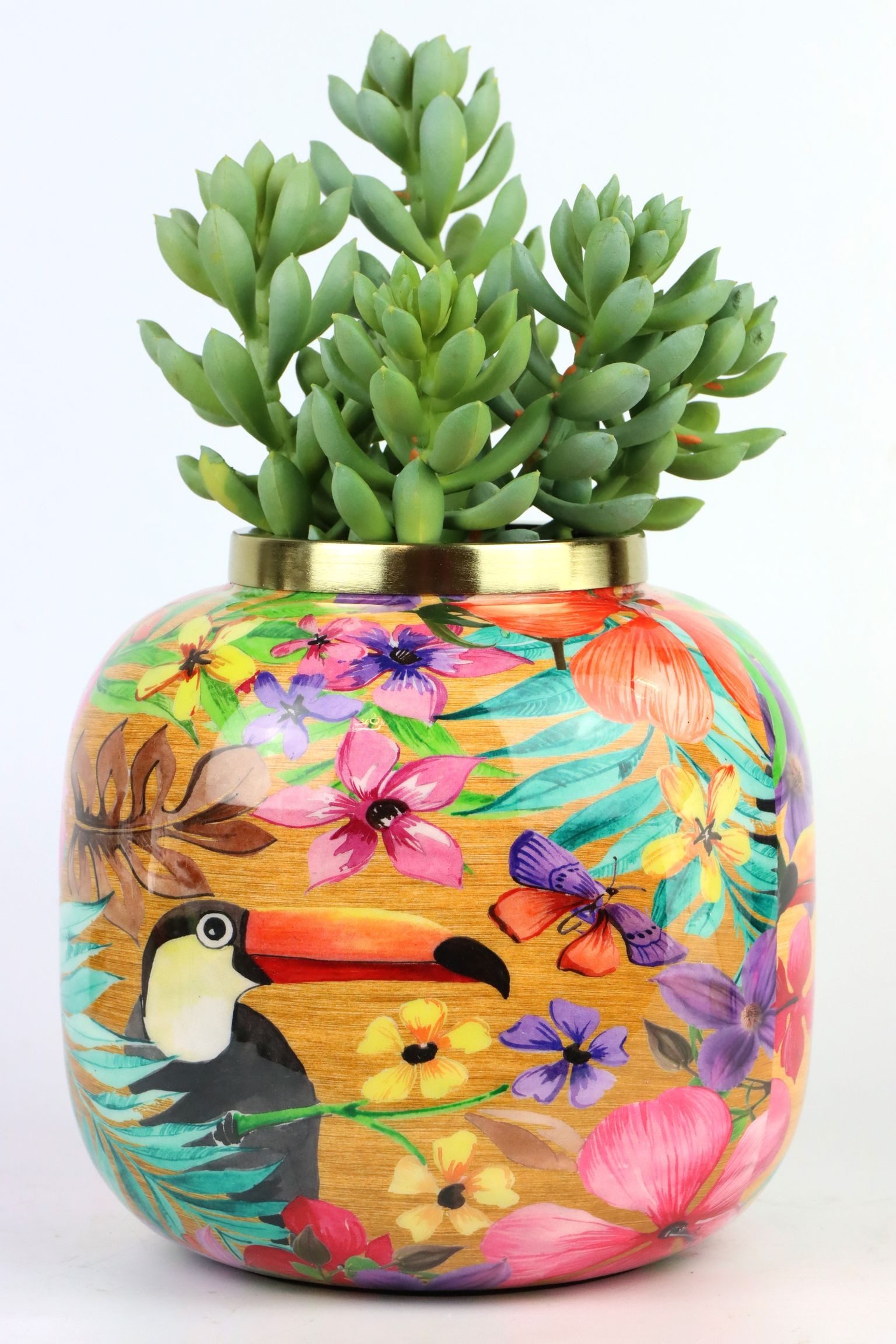 FURNARO Dekovase (1 St), Farbintensive Vase mit exotischem Vogelmotiv aus geprägtem Eisen