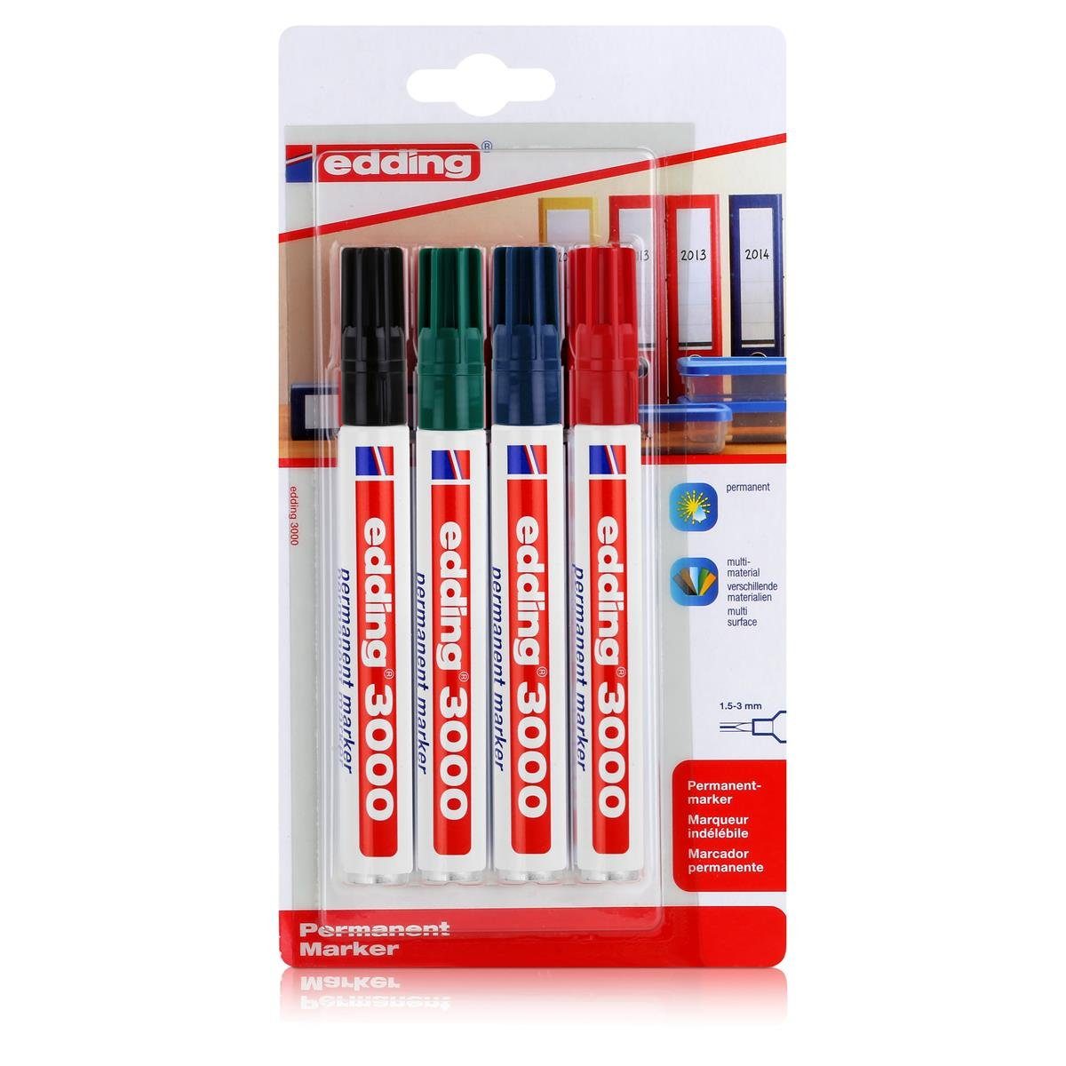 Permanentmarker edding 3000 Permanent Marker 4er schwarz, rot, grün, blau 1,5-3mm (1er