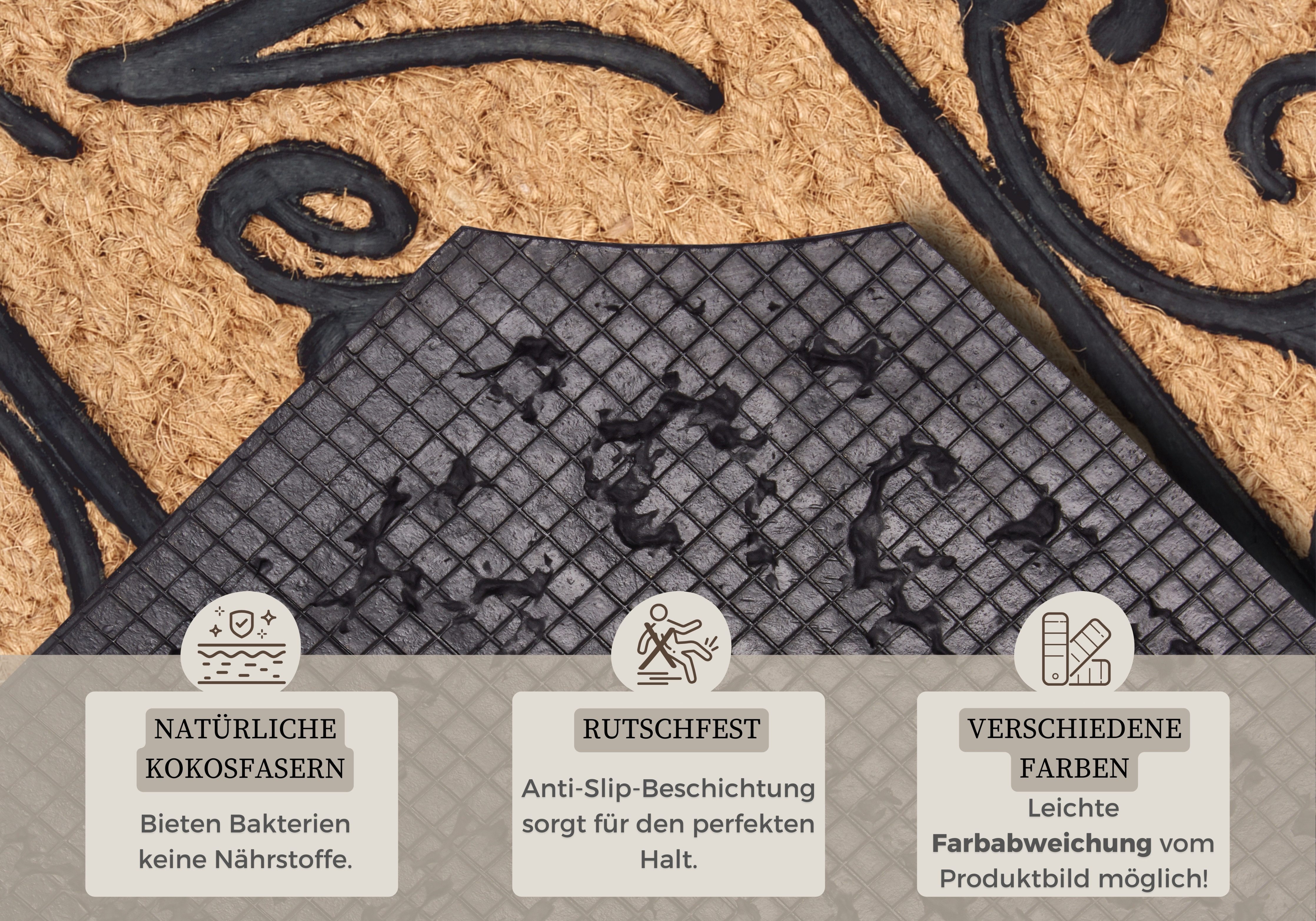 HANSE Home Fußmatte Gummi-Kokos Braided Classic Welcome Ornament, Türmatte, rechteckig, Höhe: 8 mm, Kokos, Gummi, Schmutzfangmatte, Outdoor, Rutschfest, Innen, Kokosmatte