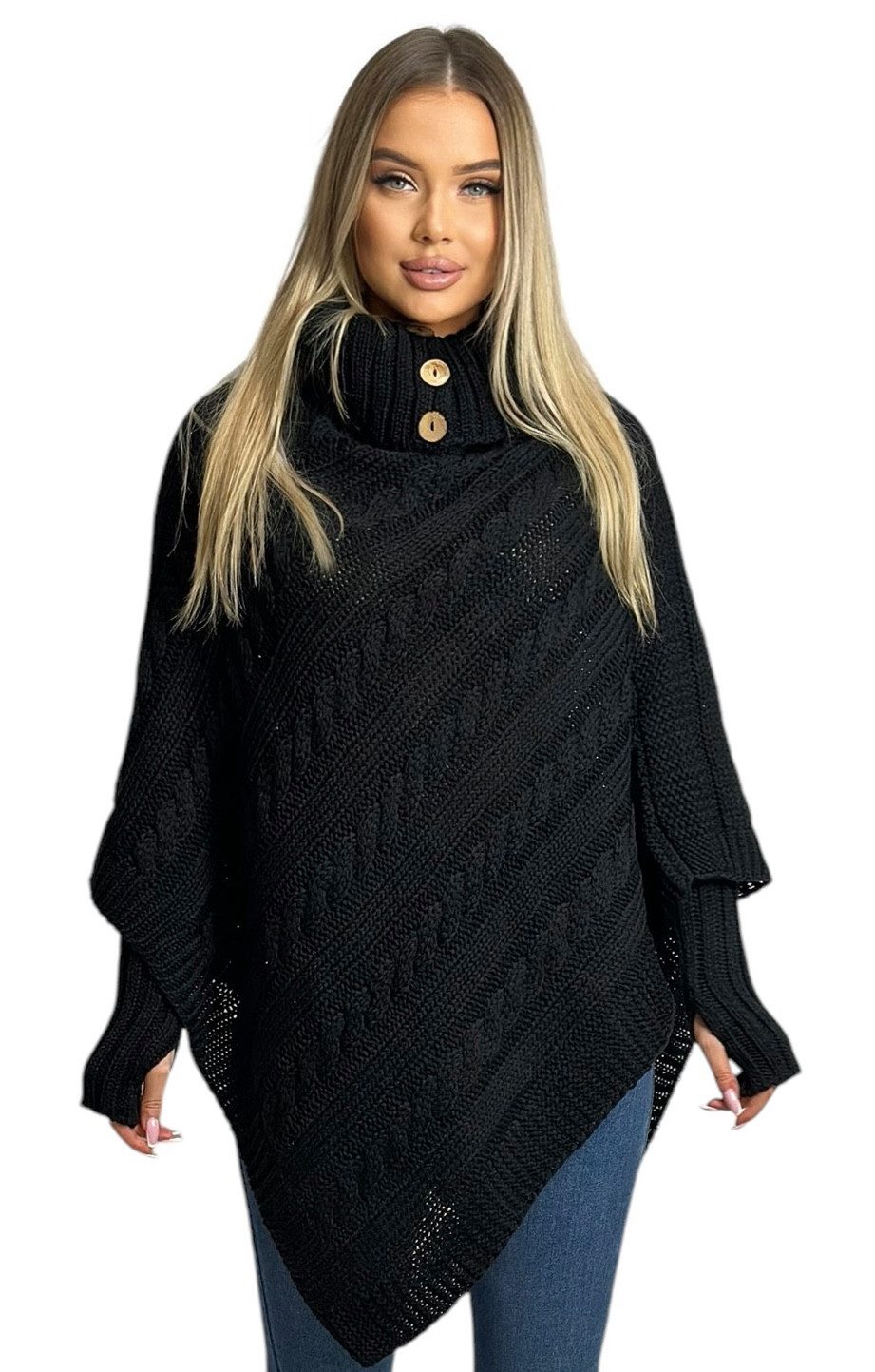 Mississhop Strickponcho Poncho Strick Sweatshirt Pullover Umhang Überwurf mit Stulpen 3012