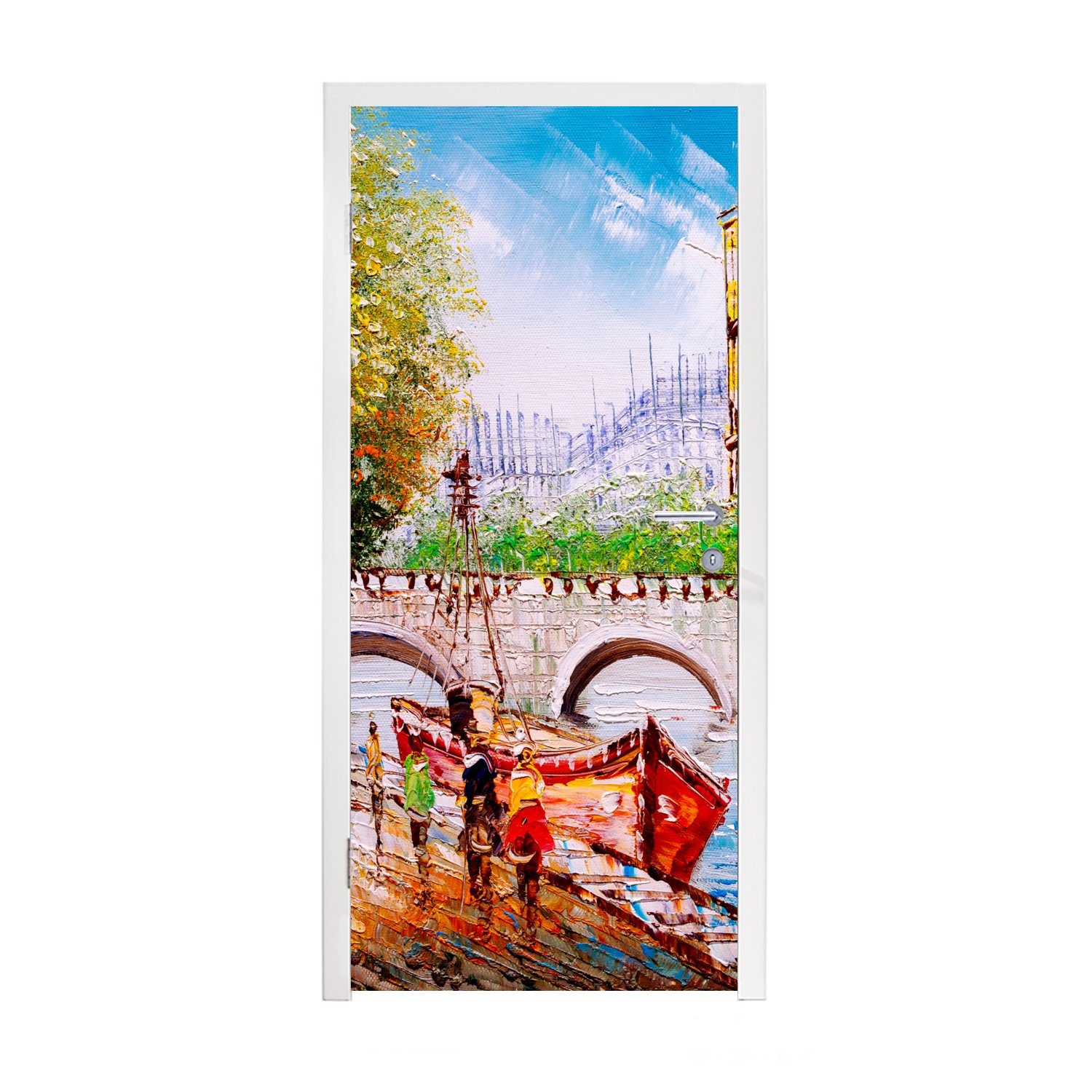 (1 Paris cm 75x205 Türaufkleber, für Türtapete bedruckt, Gemälde - Boot Tür, St), Matt, Fototapete - Brücke, - MuchoWow