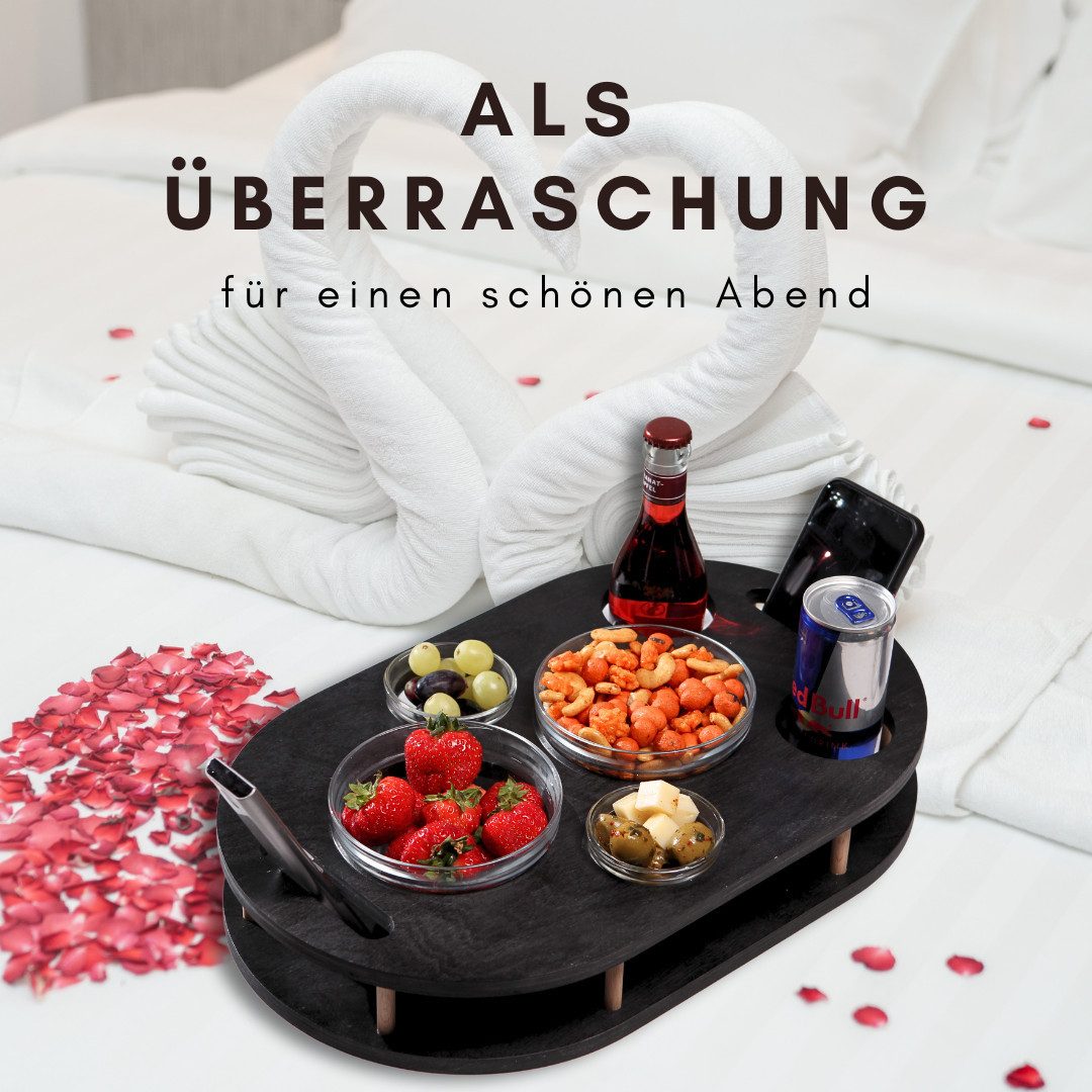 PEGSEN Servierplatte Couchbar Snackbox mit 4 Snackschalen Couch Tablett, Birkenholz, (Set, 5-tlg., 4x Glasschalen), Getränke & Snacks stehen stabil