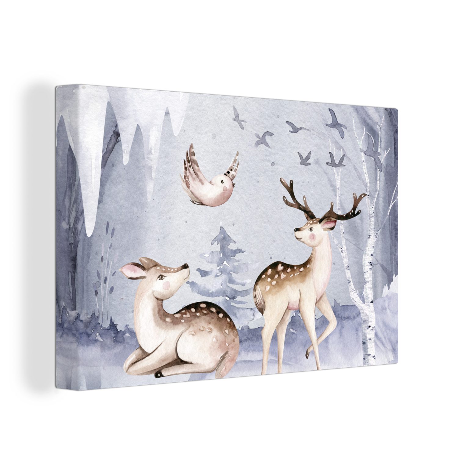 OneMillionCanvasses® Leinwandbild Winter - Hirsche - Vögel - Schnee, (1 St), Wandbild Leinwandbilder, Aufhängefertig, Wanddeko, 30x20 cm