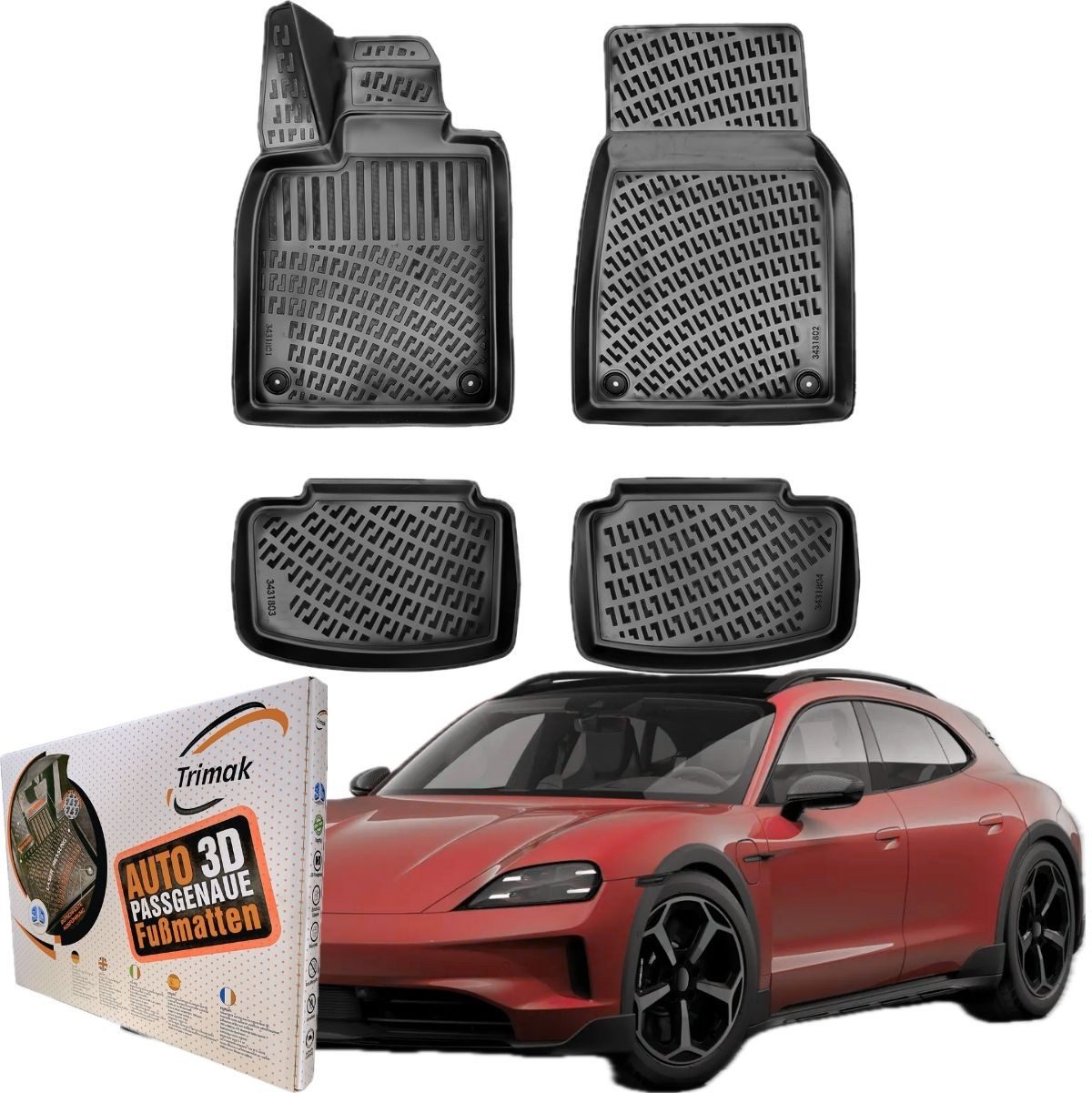 Trimak Passform-Fußmatten Oder Kofferraumwanne Oder Set für Porsche Taycan, Porsche Taycan 1. Gen. 2019-2024 Gummimatten Auto TPE Allwetter