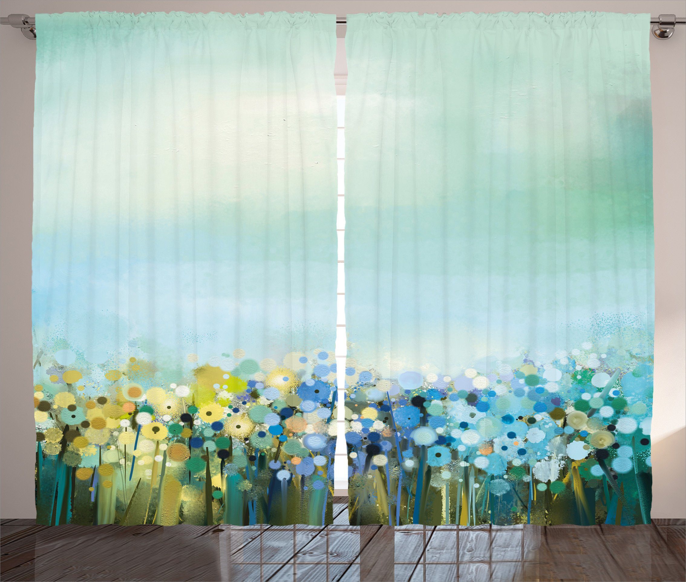 Gardine Schlafzimmer Kräuselband Vorhang mit Schlaufen und Haken, Abakuhaus, Blumen Aqua Malerei Effect