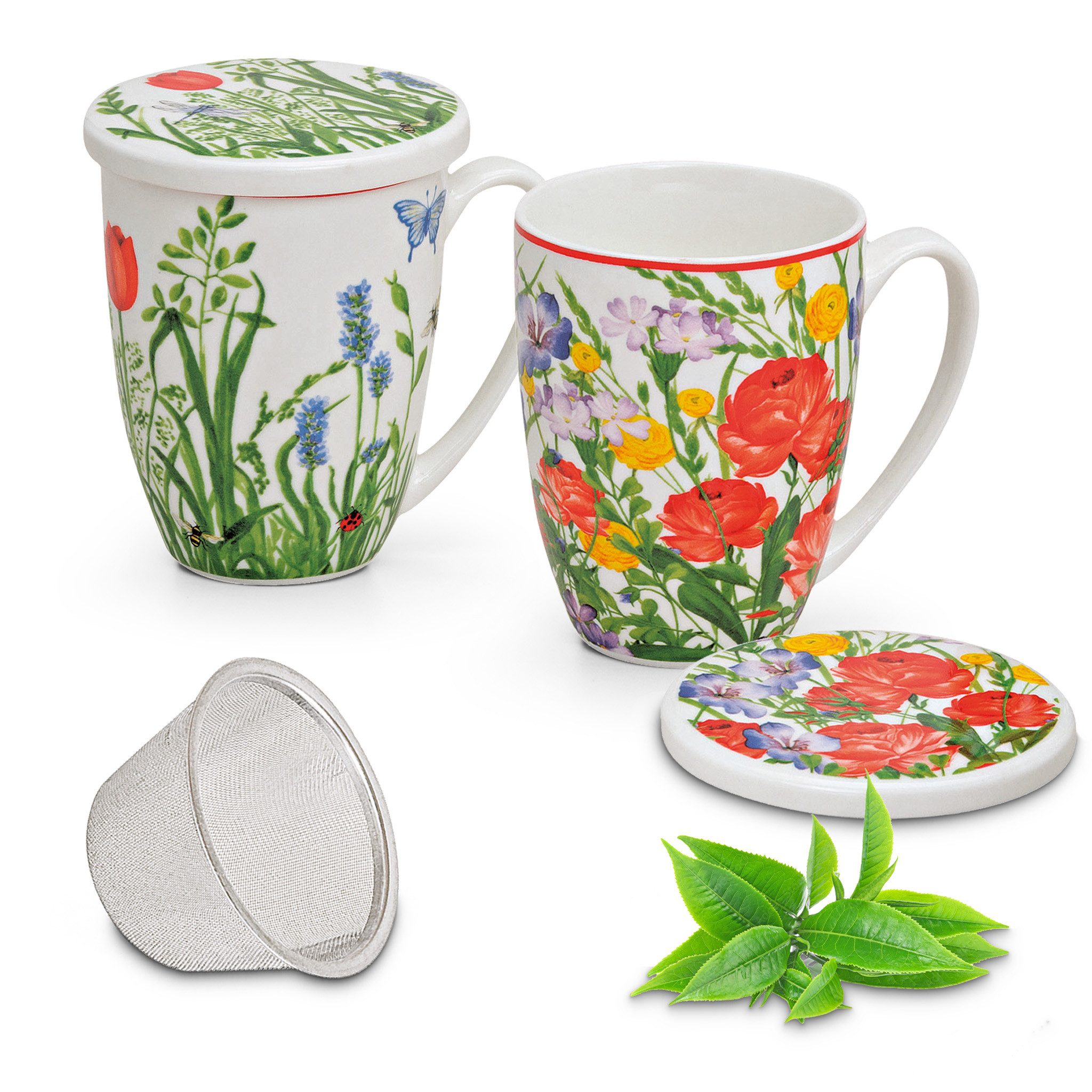 matches21 HOME & HOBBY Tasse Teetassen 2er Set mit Deckel und Teesieb Blumen Mohn, 2-tlg., Porzellan, Tee Kaffee-Becher Kaffeetassen, klassisch, bunt, 300 ml