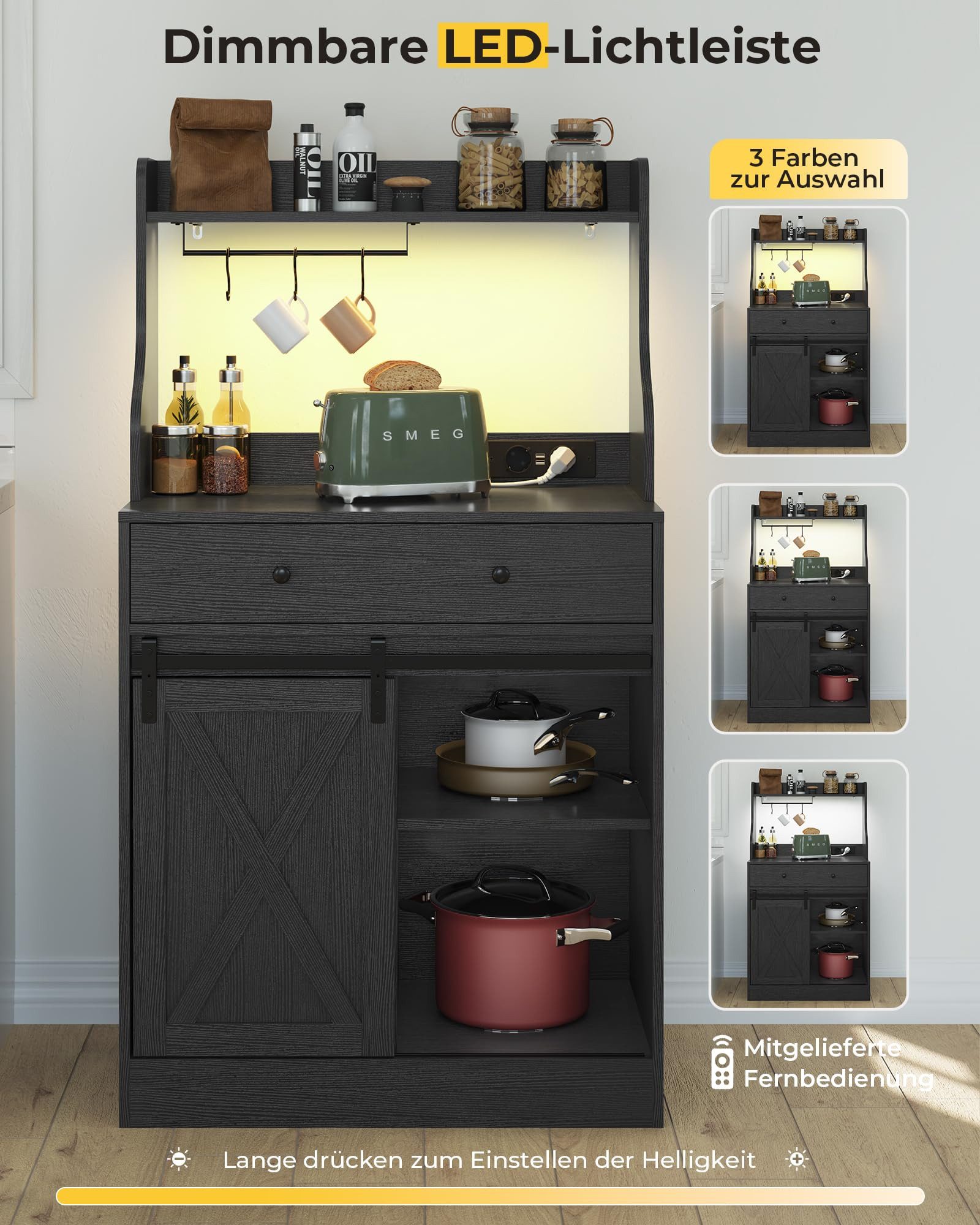 MSMASK Sideboard Küchenschrank Mehrzweckschrank mit LED und Steckdose, mit Große Schublade, 3 Hakens, Verstellbaren Ablagen, 70 *40 *134 cm