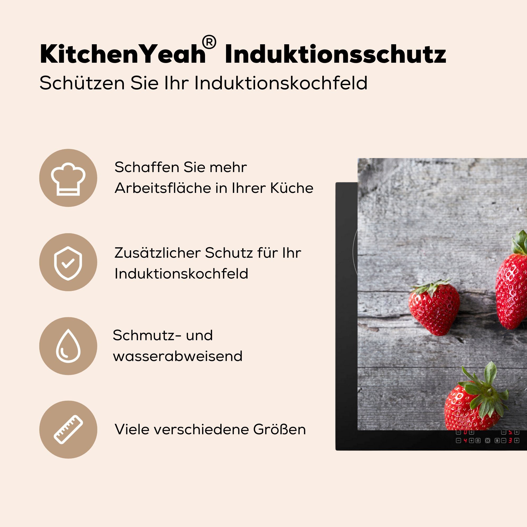 Erdbeere (1 Vinyl, küche, die - - Tisch Induktionskochfeld Schutz MuchoWow für tlg), Ceranfeldabdeckung Herdblende-/Abdeckplatte cm, Holz, 81x52