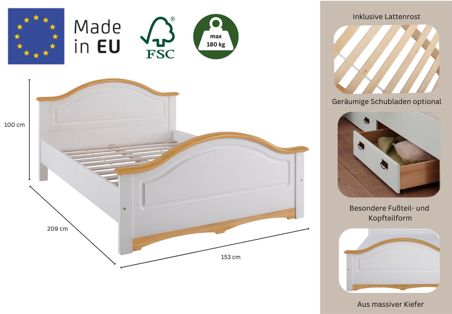 OTTO home Massivholzbett Konrad, hohe Belastbarkeit! FSC® zertifiziertes Massivholz (Breite/Belastbarkeit 180cm/220 KG, 140cm/180 KG), aus massivem Kiefernholz, – Bild 3 von 5