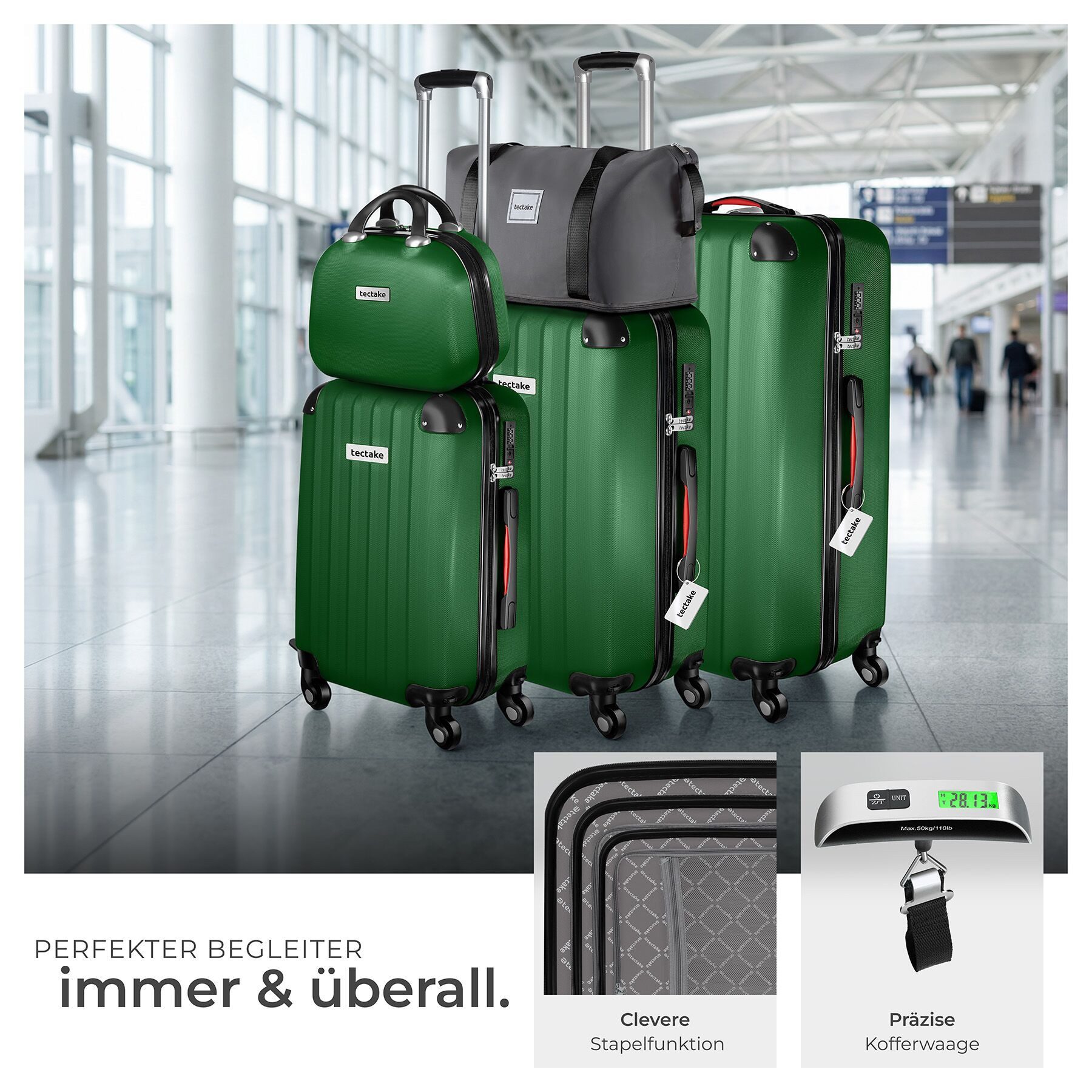 tectake Trolley Hartschalenkoffer-Set 19-teilig aus ABS-Kunststoff, Kofferwaage, 4 Rollen, TSA-Schloss, 360° drehbare, abnehmbare Rollen, mit Packwürfelset