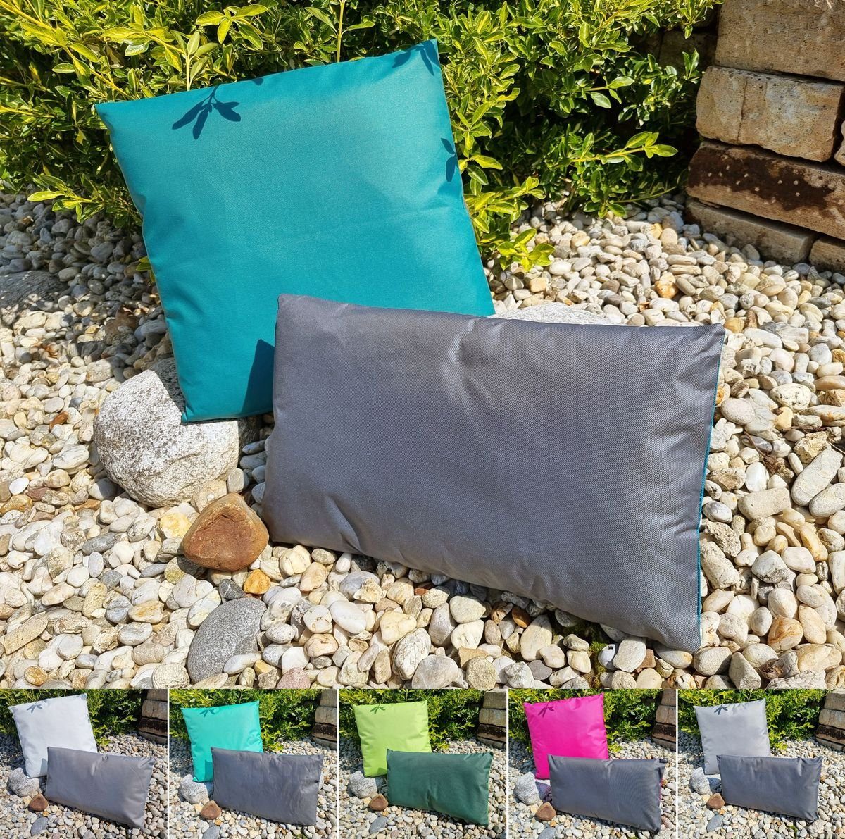 JACK Sitzkissen JACK 2er Set 2-farbiges Wende Outdoor Lounge Kissen 45x45cm + 30x50cm, inkl. Füllung, Robust, Strapazierfähig, Wasserfest, Innen & Außen Petrol - Anthrazit