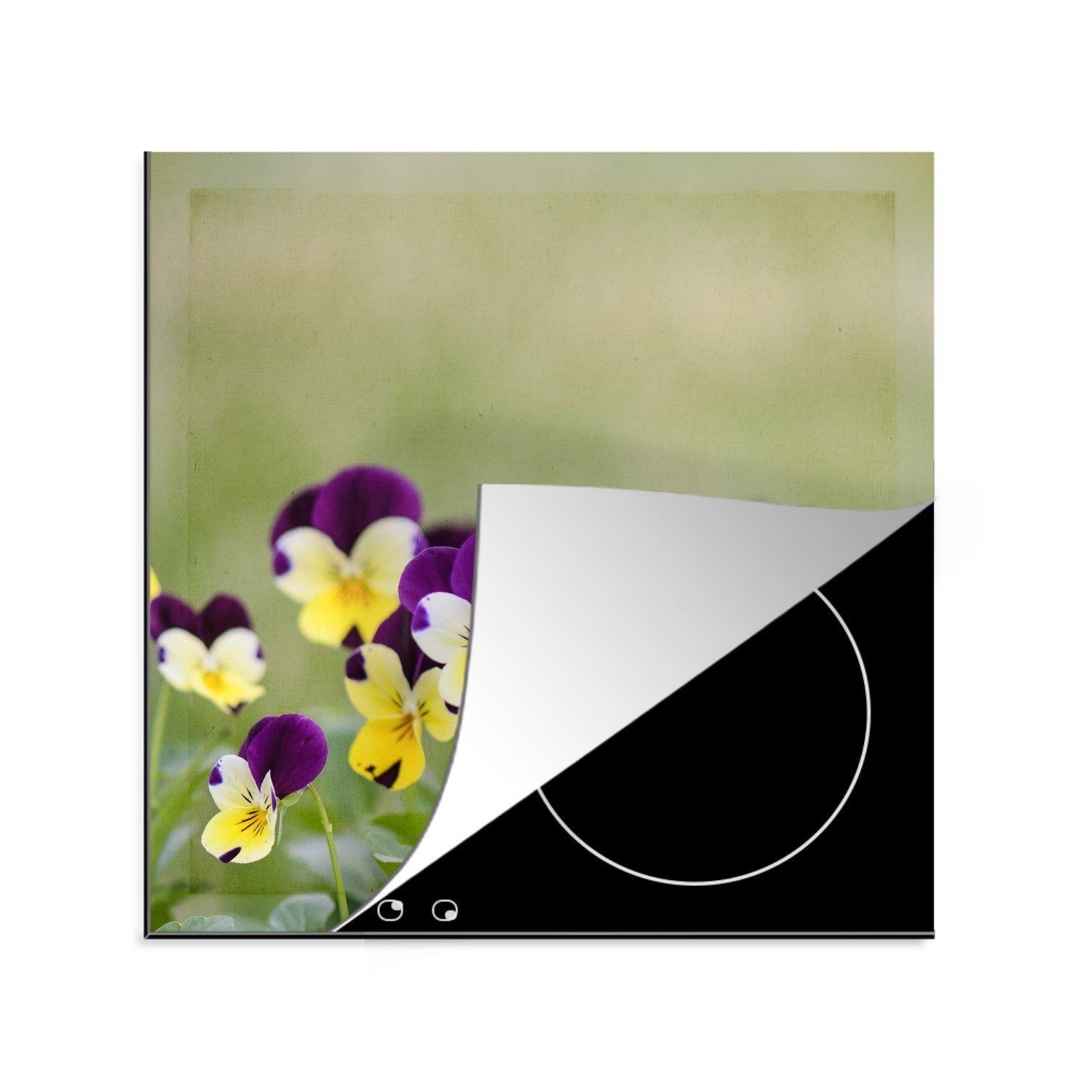 MuchoWow Herdblende-/Abdeckplatte Gelb mit violetten Veilchen, Vinyl, (1 tlg), 78x78 cm, Ceranfeldabdeckung, Arbeitsplatte für küche
