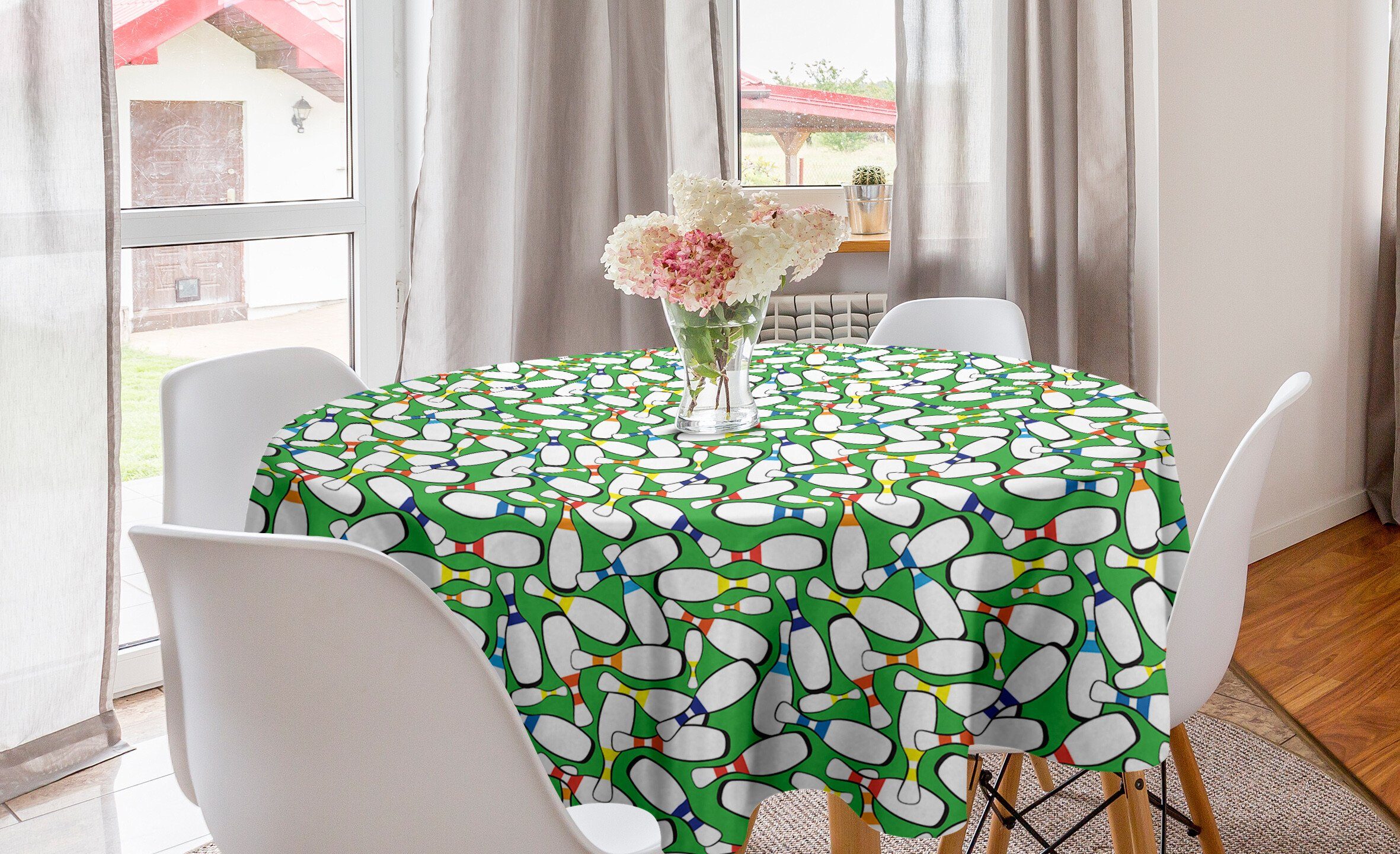 Abakuhaus Tischdecke Kreis Tischdecke Abdeckung für Esszimmer Küche Dekoration, Bowling Bunte Stifte auf Grün