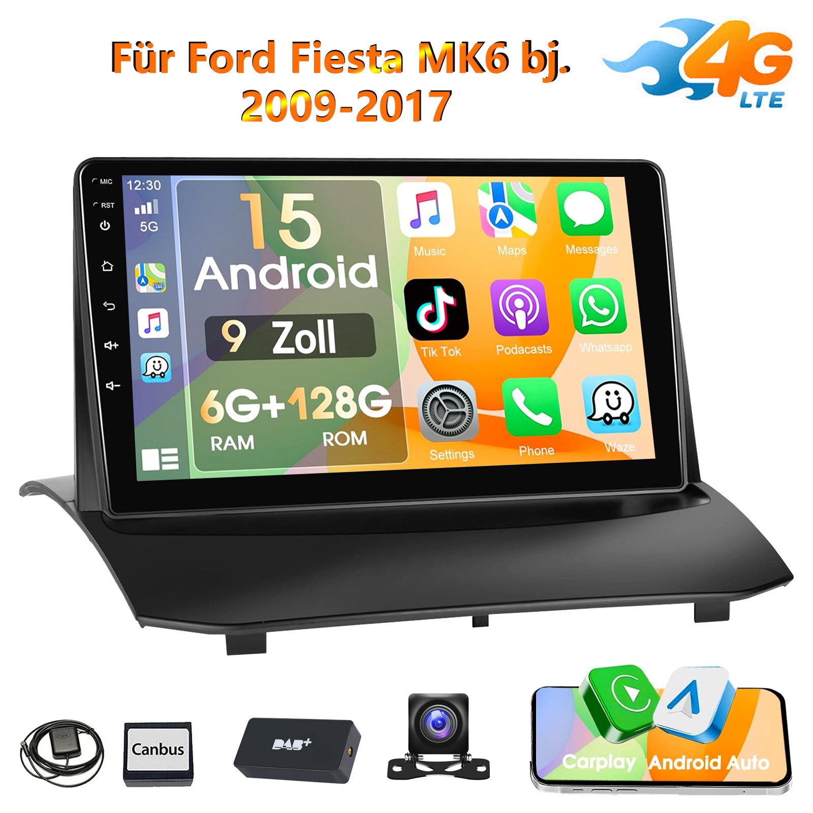 ESSGOO 6+128G Android 15 GPS NAVI für Ford Fiesta MK6 bj. 2008-2016 Carplay Autoradio (RDS, FM, DAB+ (optional), SWC)