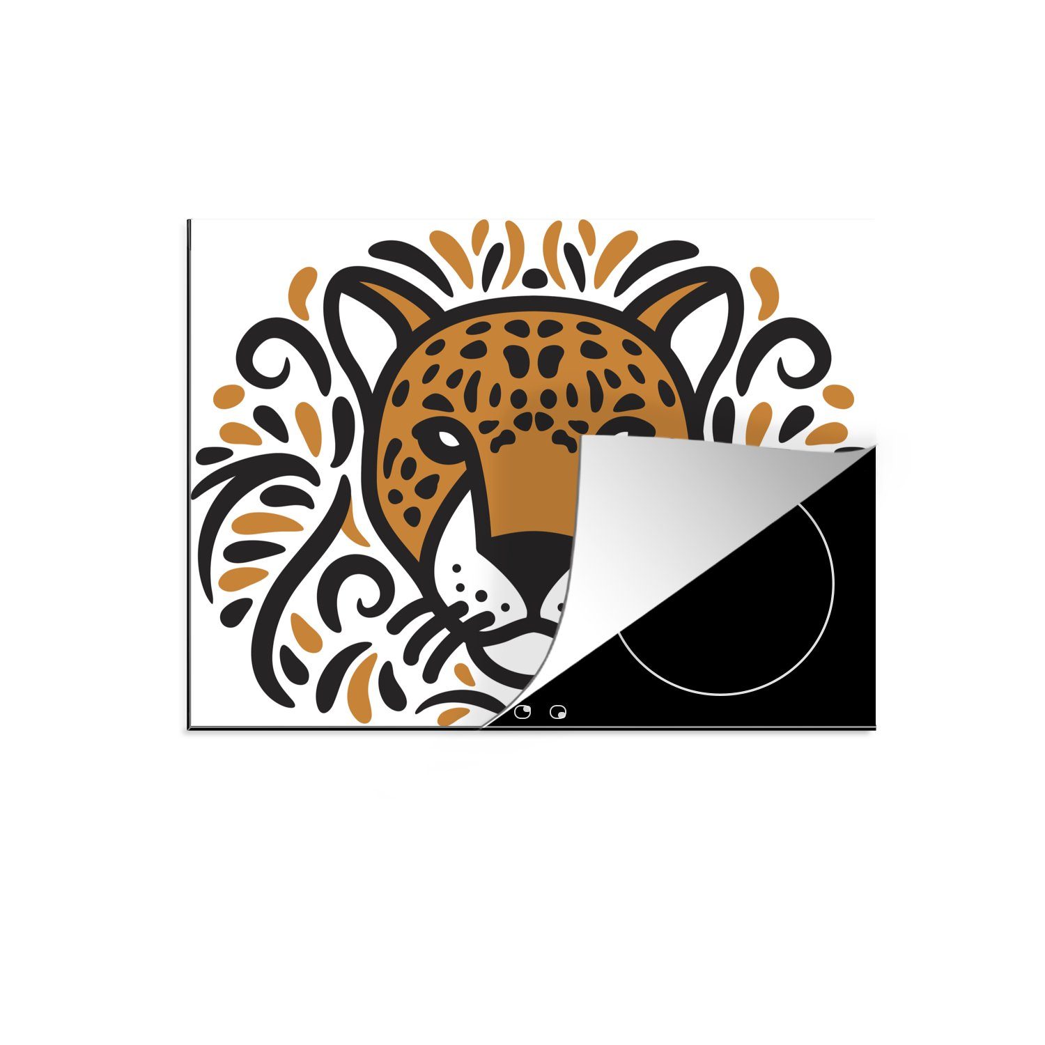 MuchoWow Herdblende-/Abdeckplatte Eine künstlerische Illustration des Kopfes eines Leoparden, Vinyl, (1 tlg), 70x52 cm, Mobile Arbeitsfläche nutzbar, Ceranfeldabdeckung