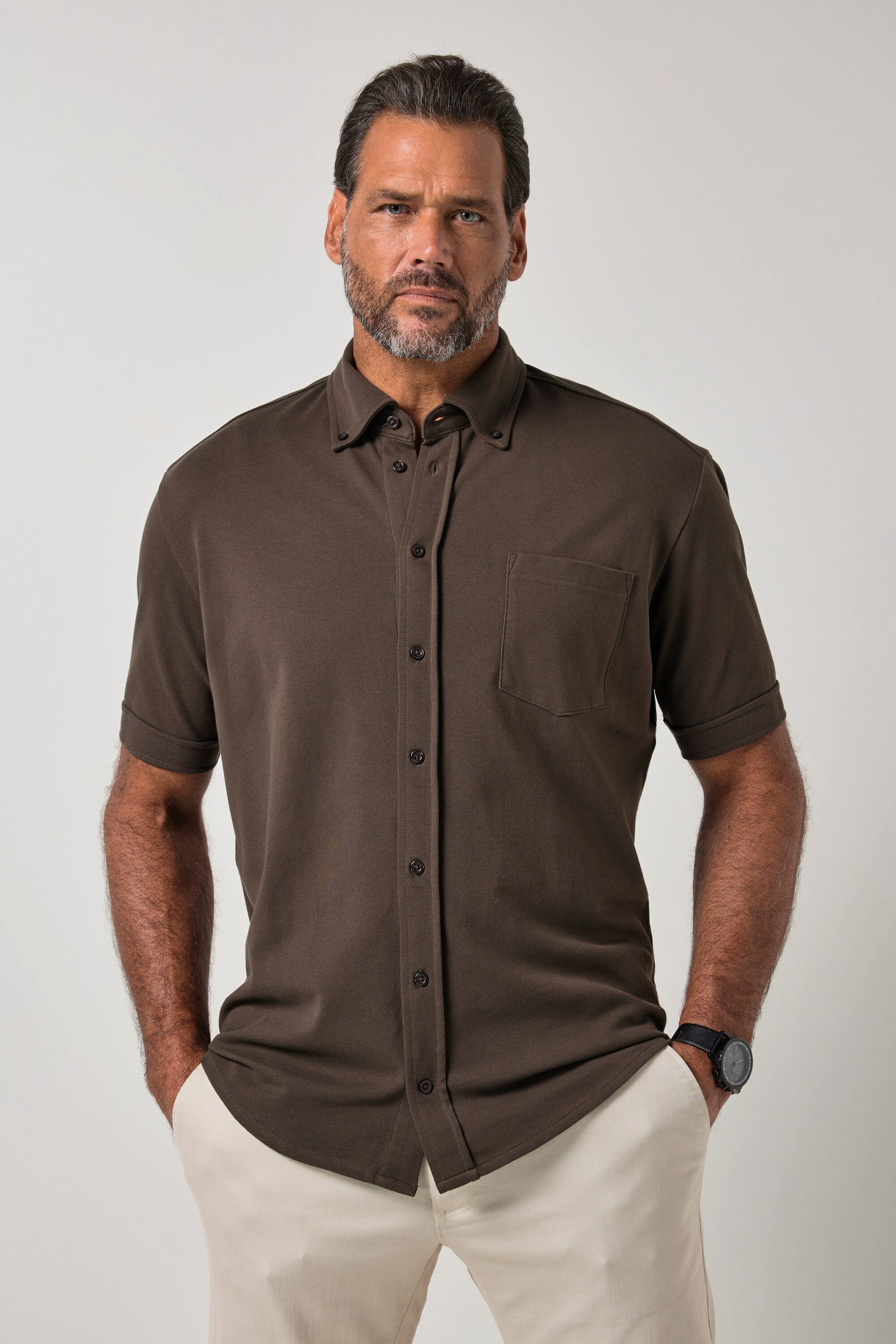 JP1880 Kurzarmhemd Piqué-Hemd FLEXNAMIC® Halbarm Buttondown-Kragen