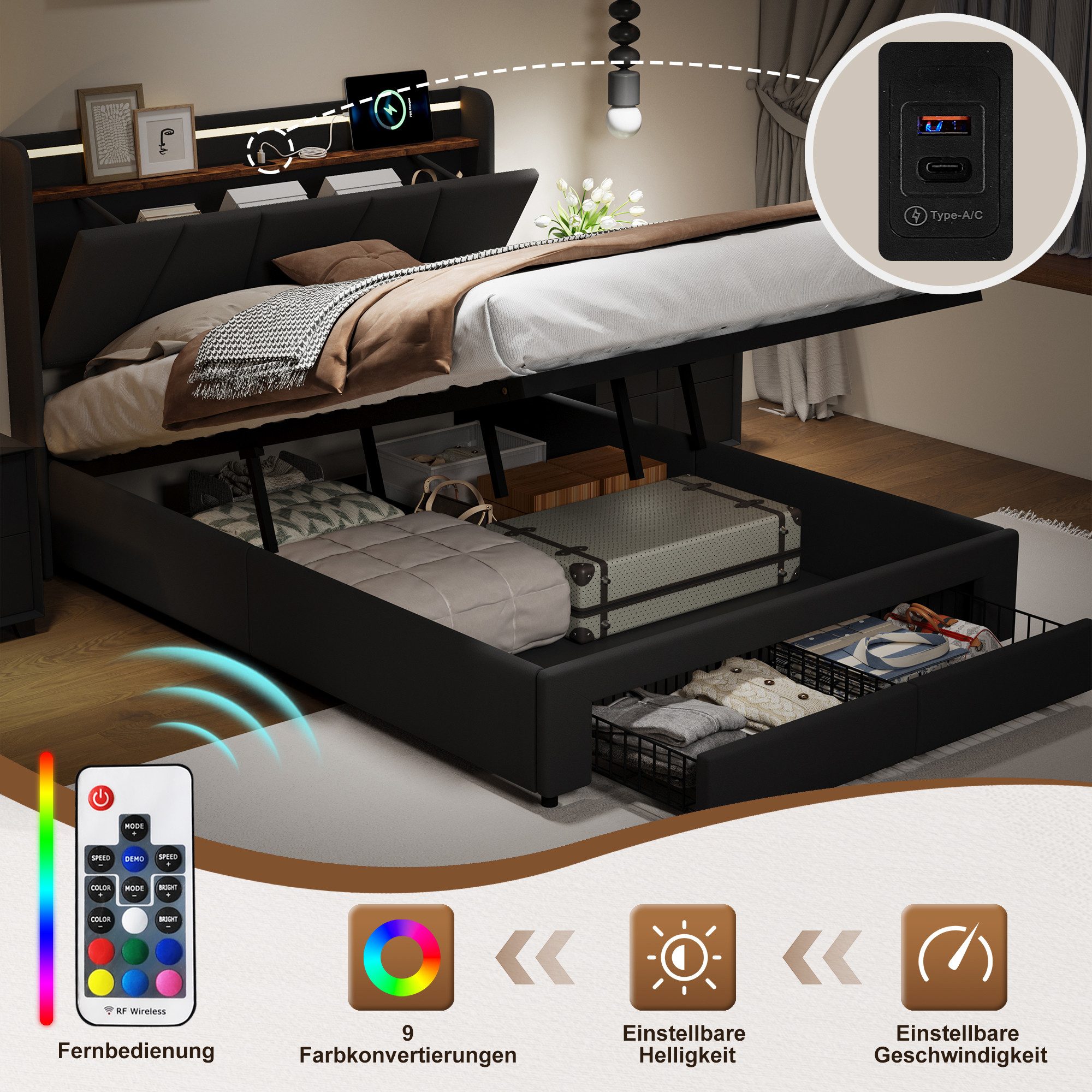 Yelenaro Polsterbett LED Stauraumbett mit Schubladen und Ladefunktion (mit hydraulischer Stauraum,Grau,Leinenstoff), Doppelbett mit LED-Beleuchtung,Jugendbett 1 – Bild 5 von 5