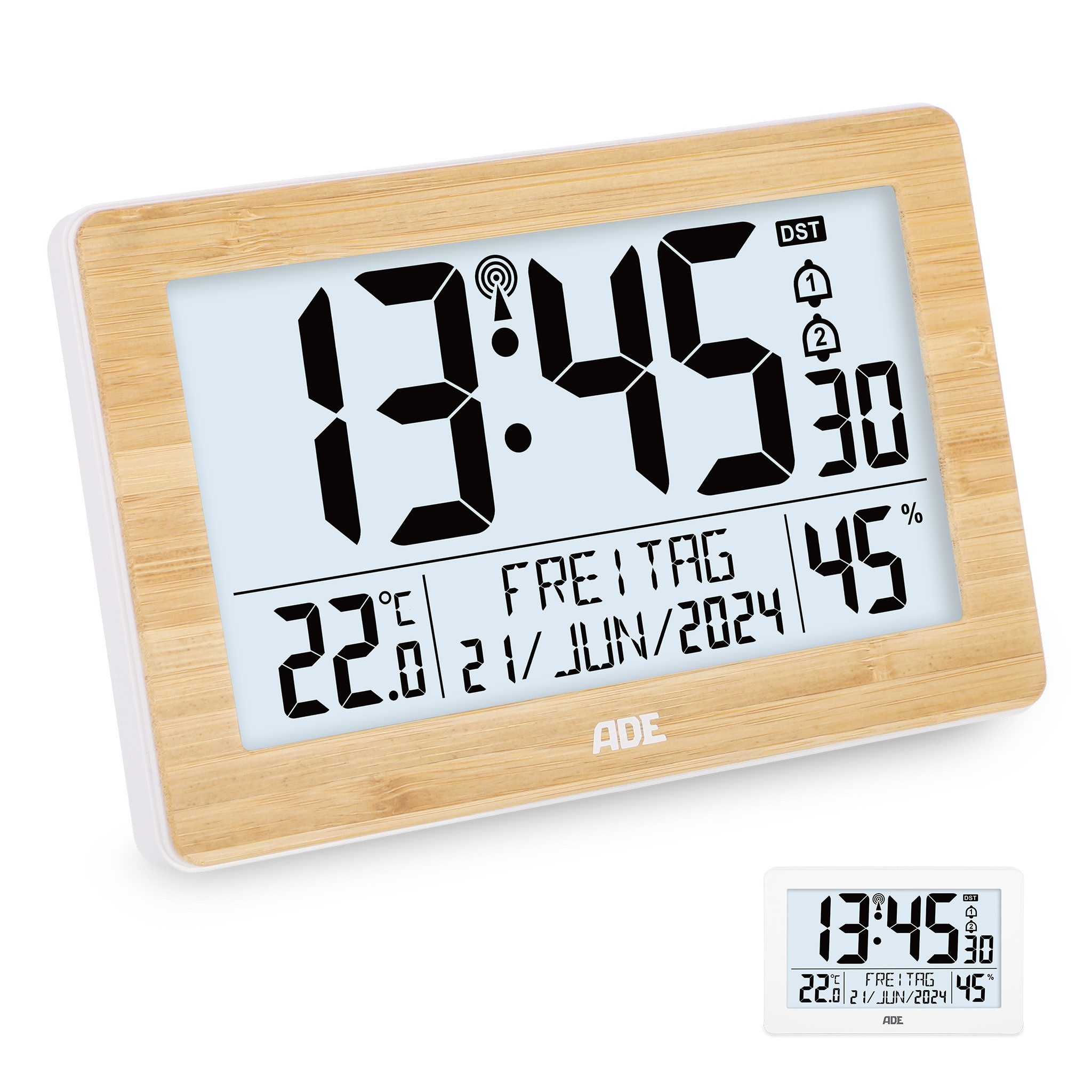 ADE Funktischuhr Digital, Tischuhr & Wanduhr mit XL-Display & großen Ziffern, Funk Funkuhr mit Hygrometer, Datum & Wochentag, inkl. 2 AA Batterien
