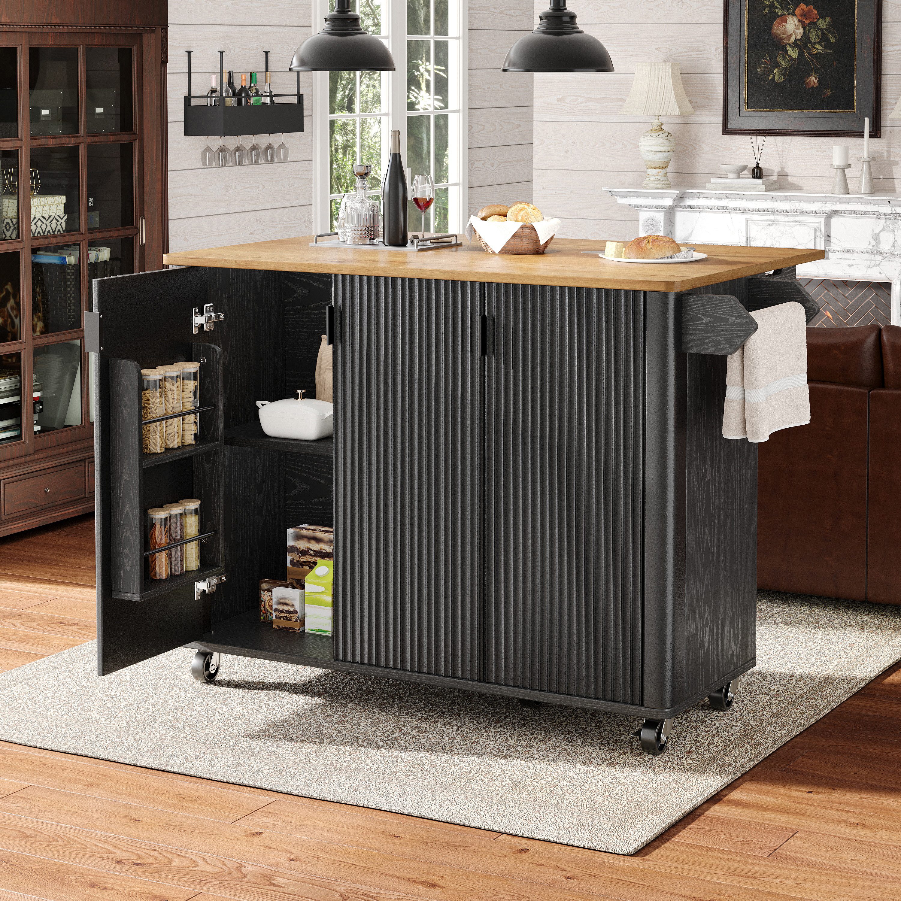 i@home Kücheninsel Küchenwagen auf Rädern mit klappbarer Arbeitsplatte, (Handtuchhalter, Gewürzregal, 3 Türen mit Türablagen), Speisewagen & Buffet für Küche, Esszimmer 130×45(75)×92 cm
