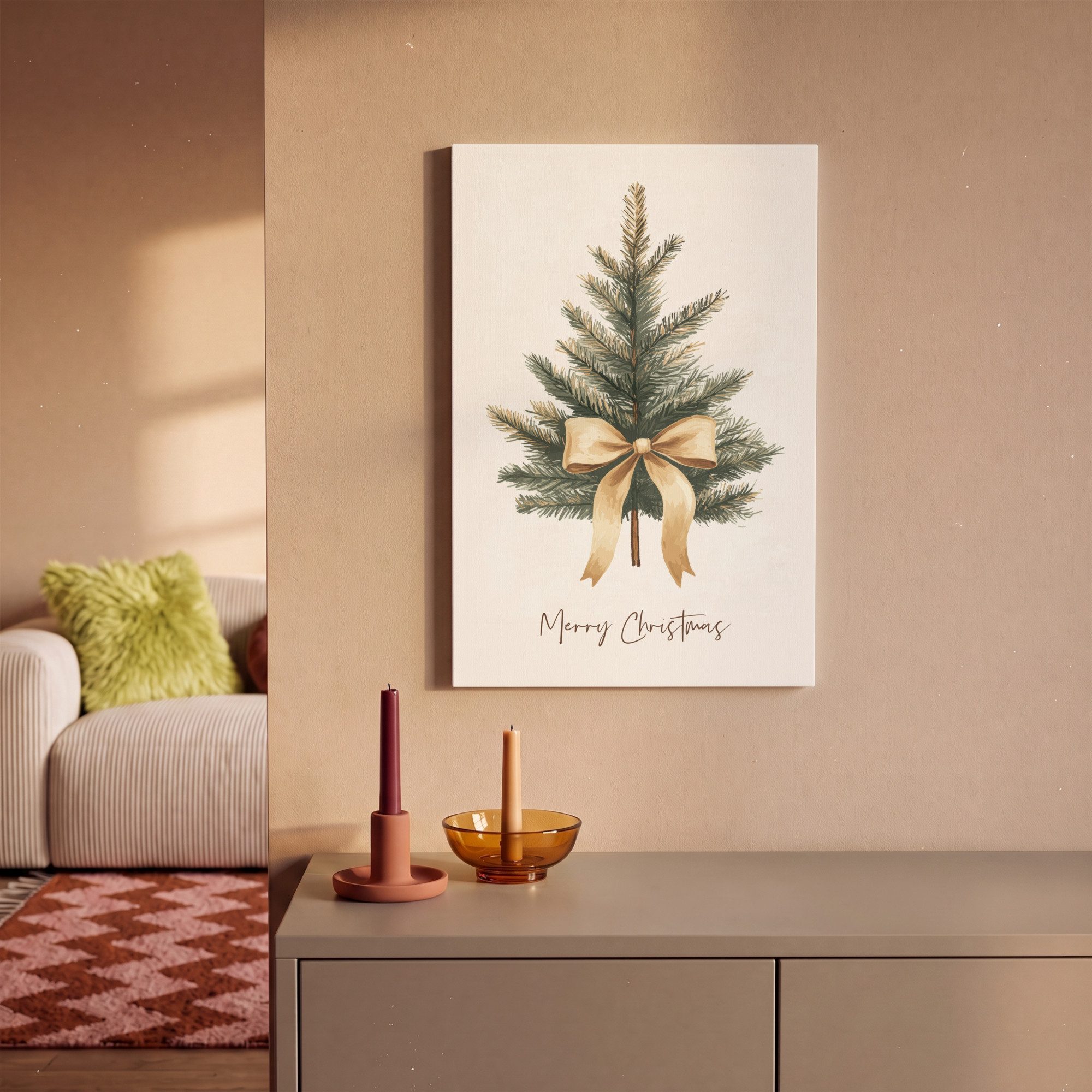 OneMillionCanvasses® Leinwandbild Weihnachtsbaum - Weihnachten - Frohe Weihnachten - Beige, Fotodruck (1 St), Wandbild, Deko Schlafzimmer Wohnzimmer Flur 20x20  – Bild 2 von 5