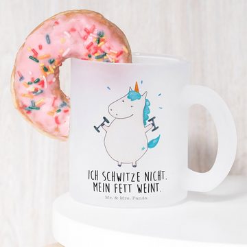 Mr. & Mrs. Panda Teeglas Einhorn Fitness - Transparent - Geschenk, Teeglas, Teetasse, Tasse, P, Premium Glas, Satinierte Oberfläche