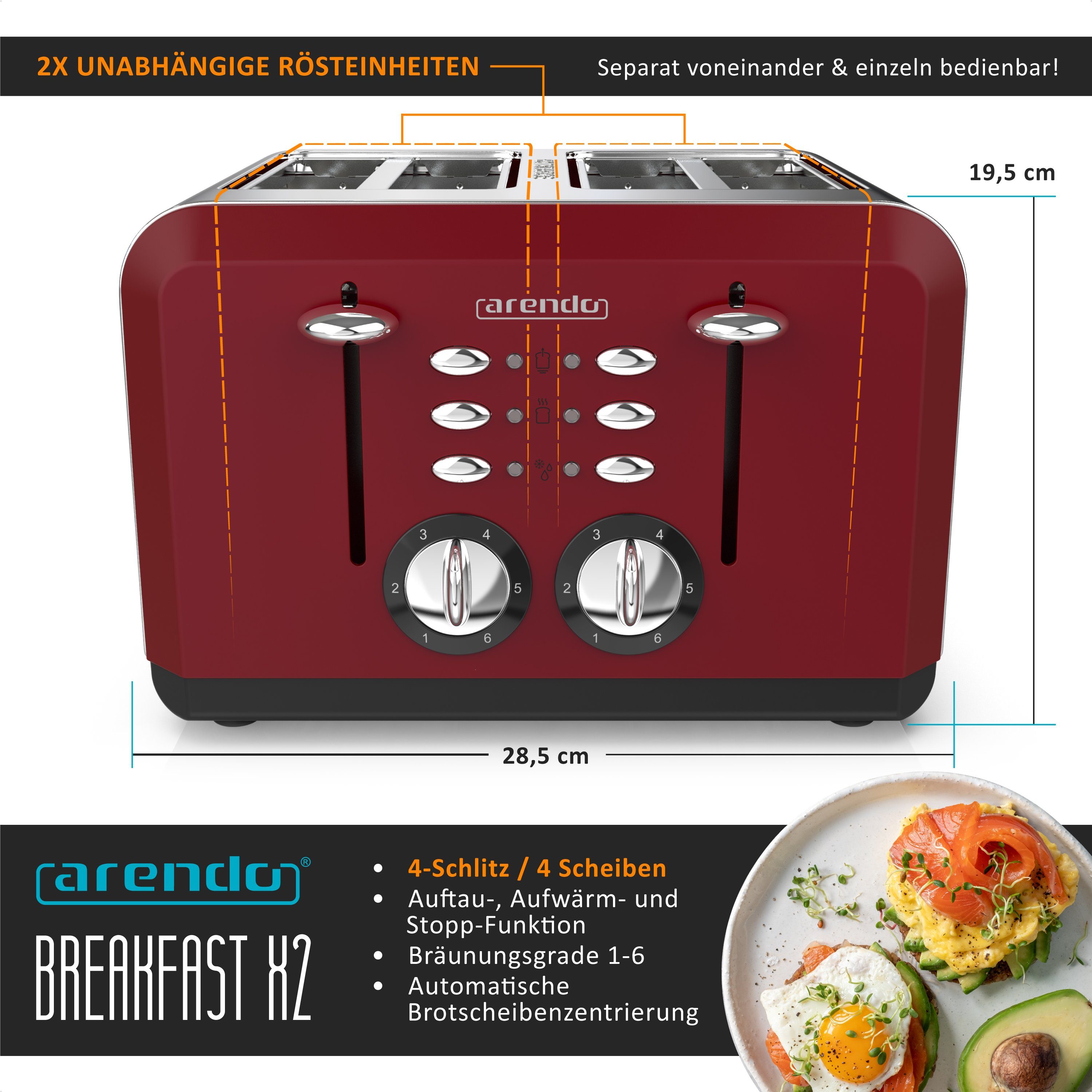 Arendo Toaster, 4 kurze Schlitze, rot 4 Edelstahl, W, Scheiben, Wärmeisolierendes Automatik, für 1630 Doppelwandgehäuse