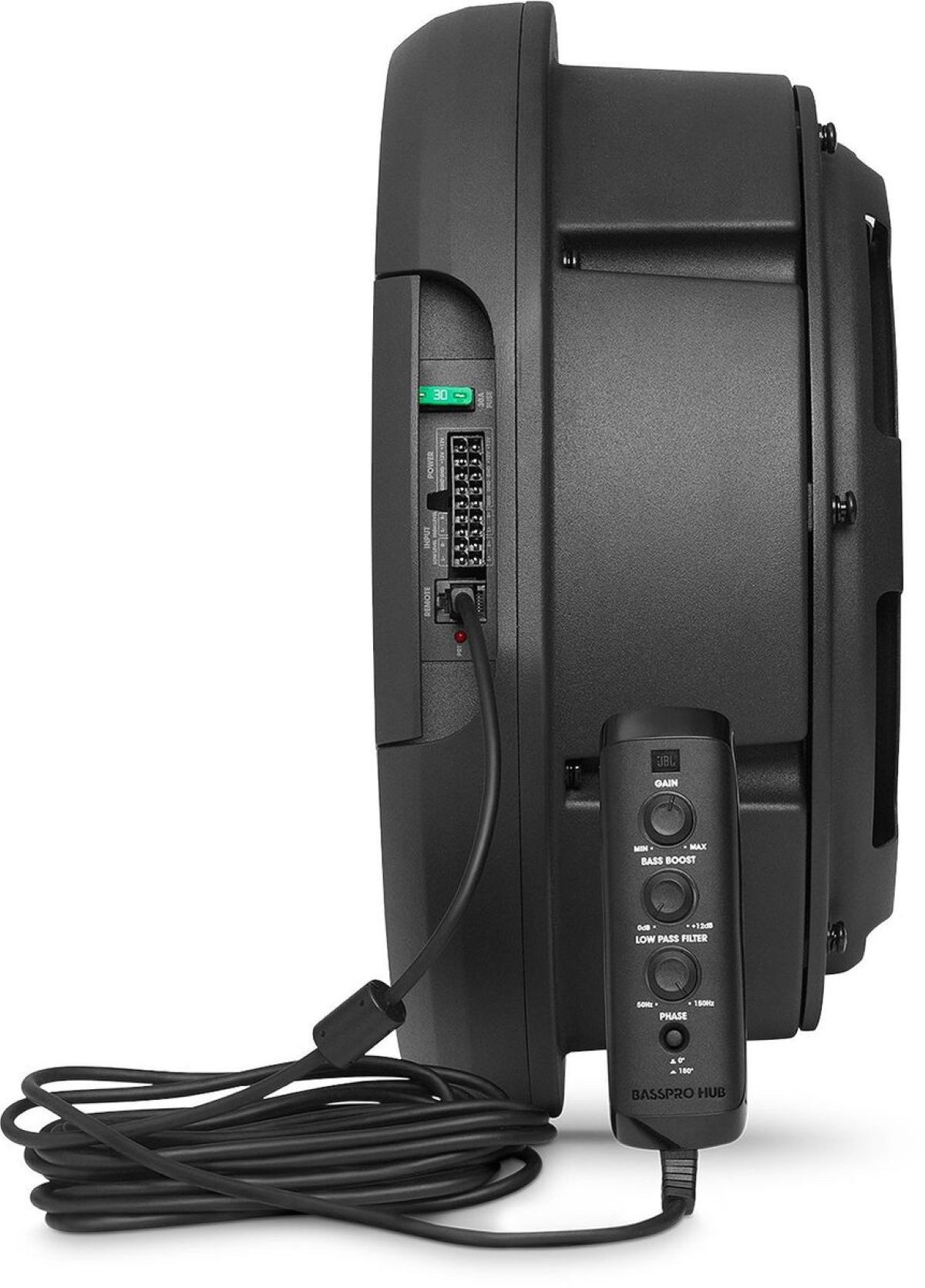 JBL BassPro Hub Reserverad-Subwoofer AKTIV Gehäuse 28cm mit Fernbedienung Auto-Subwoofer (200 W, max.: W 30 cm) – Bild 4 von 5
