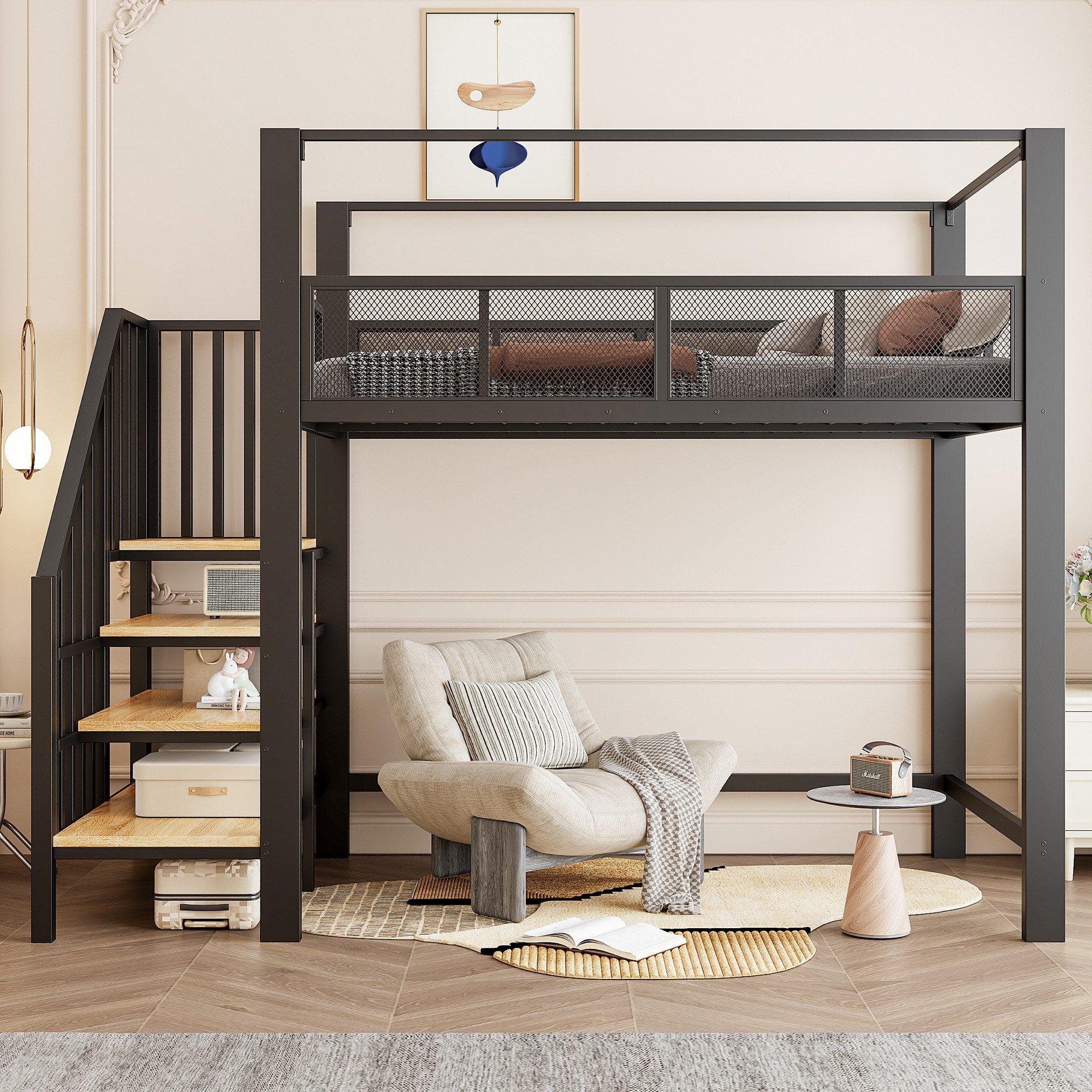 Flieks Hochbett Metallbett Kinderbett 90×200cm mit Stauraumtreppe