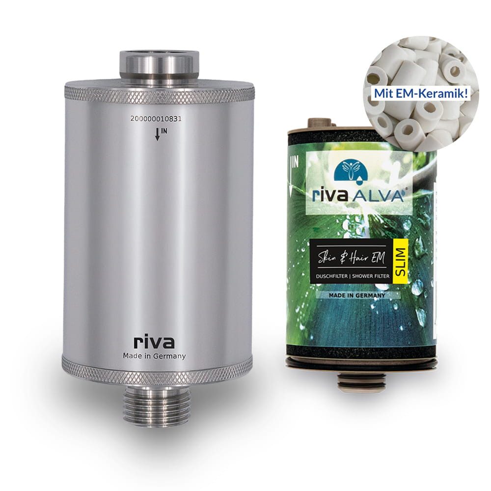 riva Wasserfiltertechnik Wasserhahn-Wasserfilter rivaALVA Skin & Hair EM SLIM Duschfilter mit Edelstahlgehäuse (1 St), Blockaktivkohle mit EM-Keramik, inkl. Filterkartusche