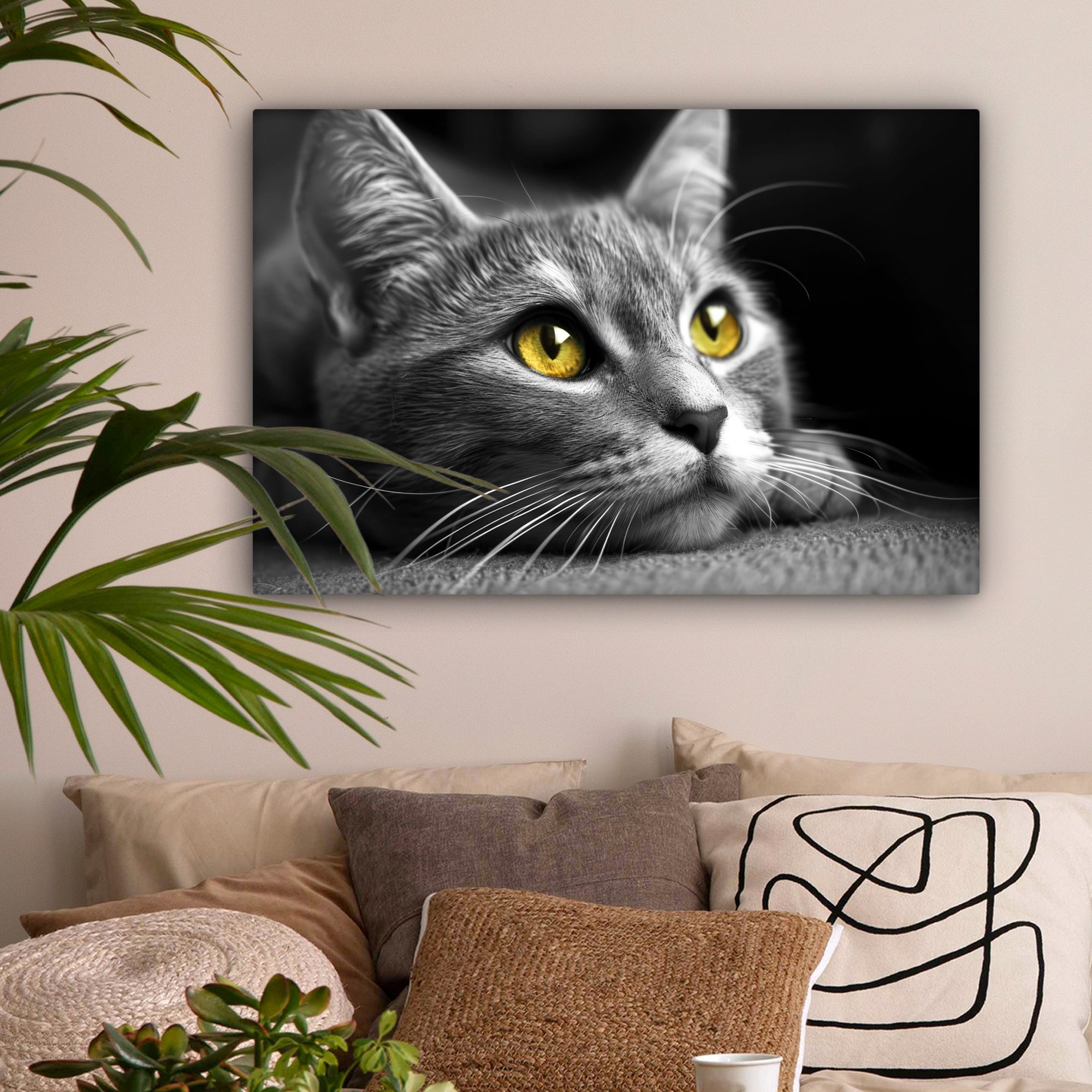 OneMillionCanvasses® Leinwandbild Katze - Schwarz - Weiß - Tiere - Natur, (1 St), Leinwände Wanddeko Wohnzimmer Schlafzimmer 60x40 cm