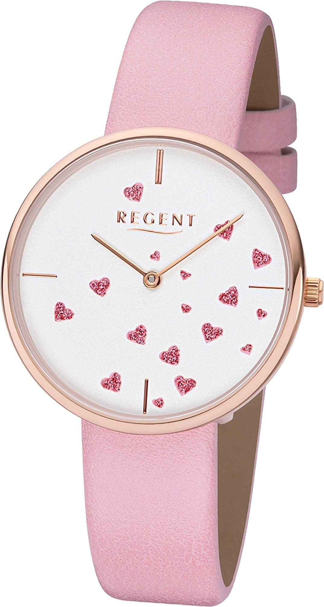 Regent Quarzuhr Regent Leder Damen Uhr BA-608 Armbanduhr, Damenuhr Lederarmband rosa, rundes Gehäuse, mittel (ca. 36mm)