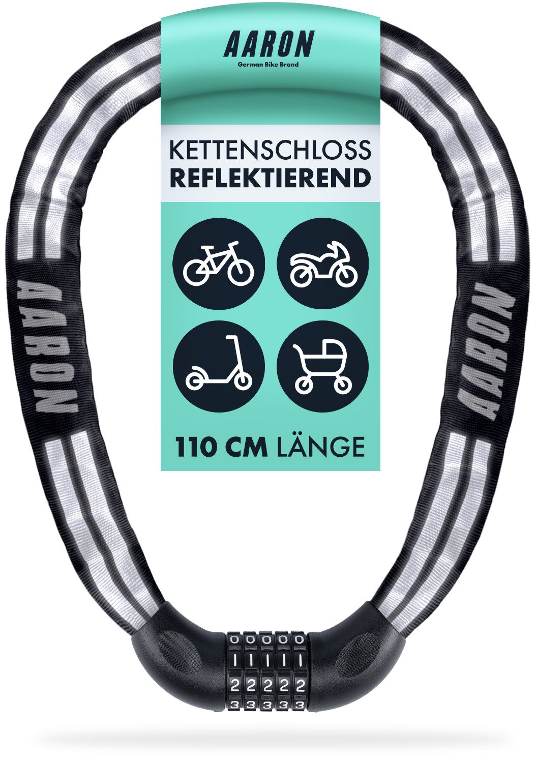 AARON Zahlenkettenschloss Reflect Fahrradschloss Zahlencode Kettenschloss 110 cm Fahrrad