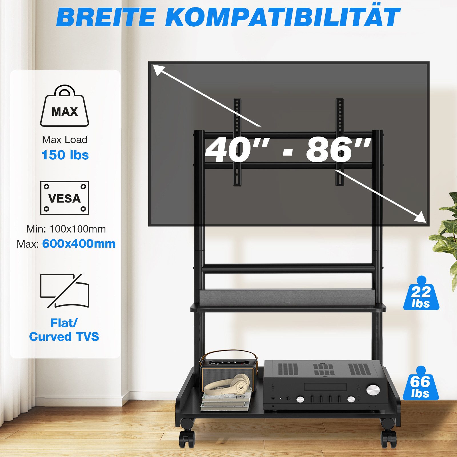 TVON TV-Ständer TV Rollwagen Für 40 bis 86 Zoll Fernseher bis zu 68 KG Max, (bis 86 Zoll, 1-tlg., rollbar, VESA 600x400 mm)