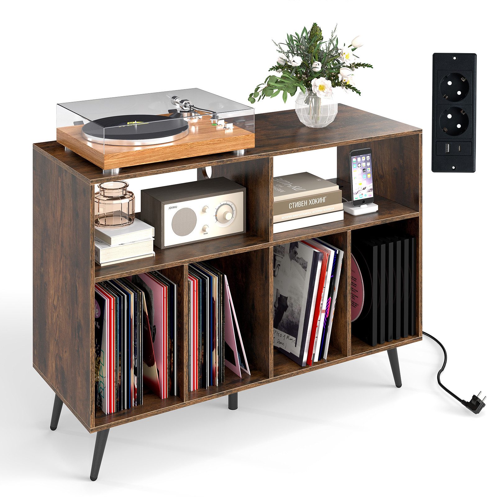 COSTWAY Sideboard Plattenspielerständer Holz, mit Ladestation, 100x40x74,5cm