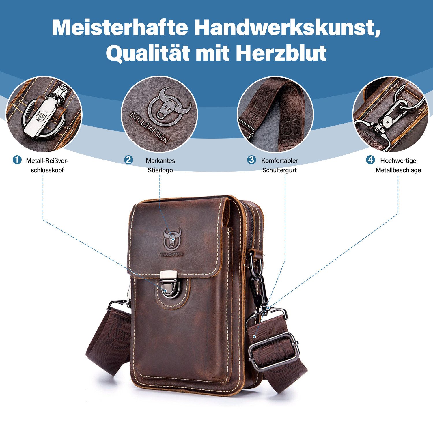 MOPUEA Bauchtasche Leder Schultertasche Vintage Crossbody Bag Messenger Herrentasche (Taillentasche für Sportcamping Wanderreisen, 1-tlg., Bag Modische Bauchtasche für Herren & Damen, Retro-Stil), Wasserfeste Crossbody Umhängetasche