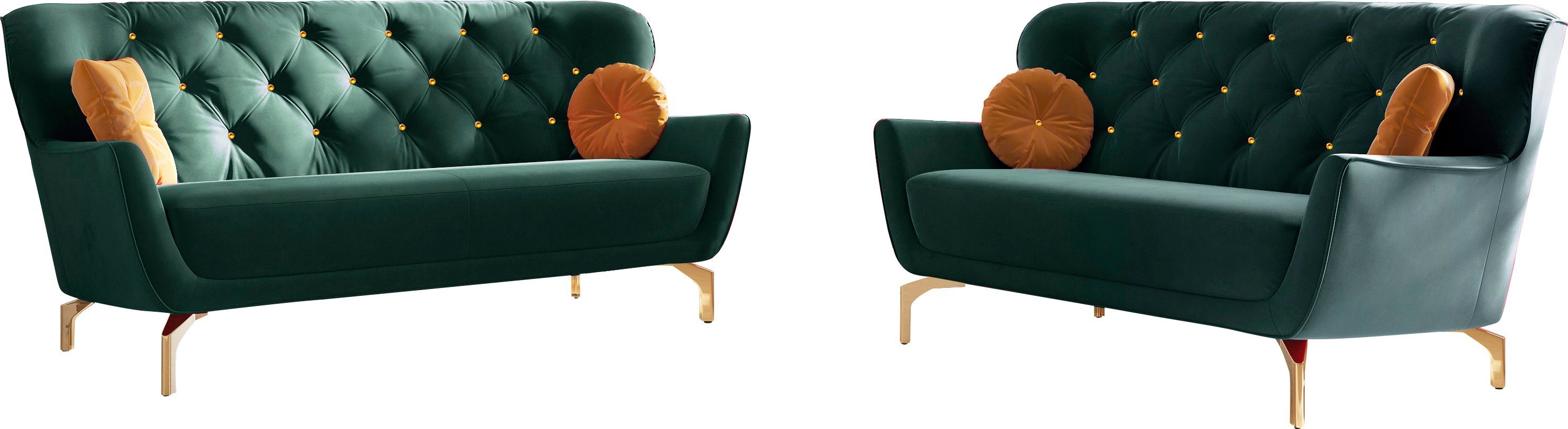 sit&more Polstergarnitur Orient 3, (2-tlg), inkl. 4 Zierkissen mit Strass-Stein, goldfarbene Metallfüße