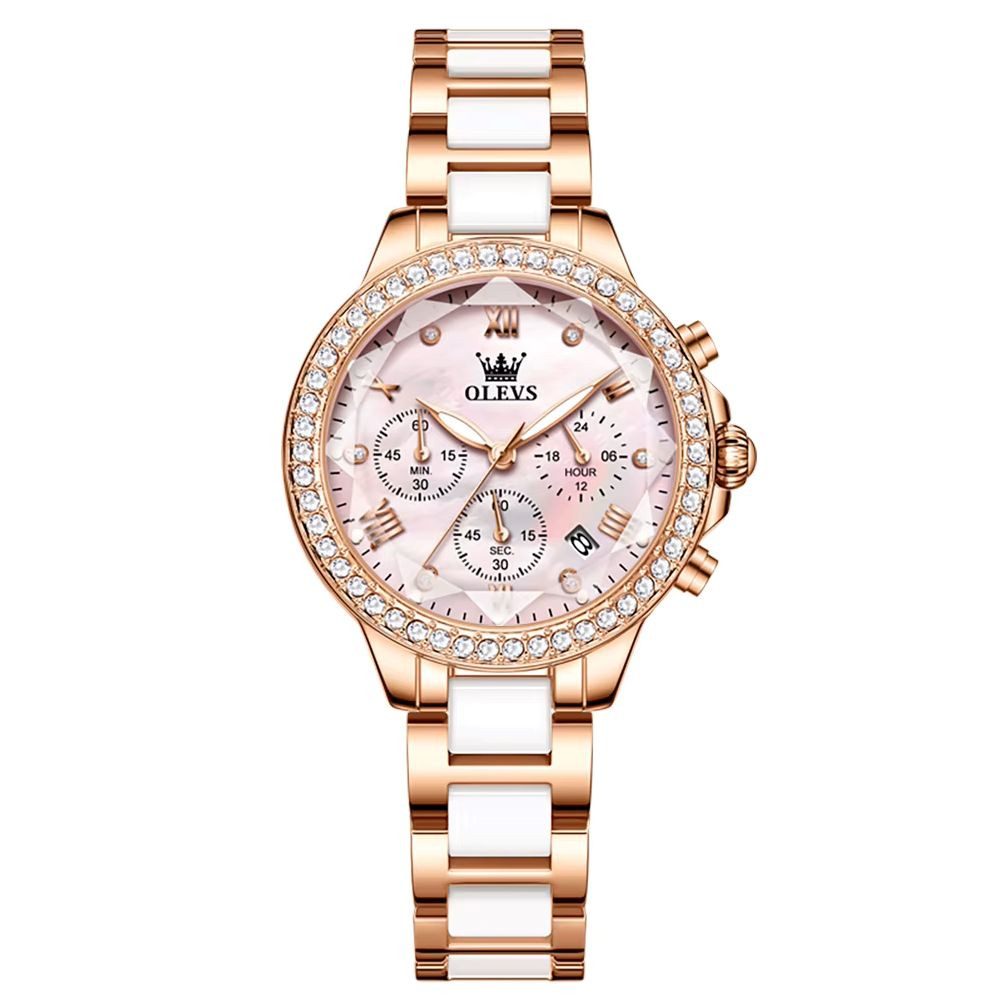 OLEVS Quarzuhr Geschenkset Damenuhr Keramik Roségold Rosa Luxus Chronograph 3tlg 9999 – Bild 2 von 5