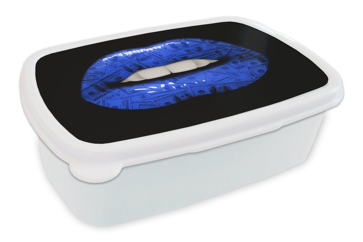 MuchoWow Lunchbox Lippen - Geld - Blau, Kunststoff, (2-tlg), Brotbox für Kinder und Erwachsene, Brotdose, für Jungs und Mädchen weiß