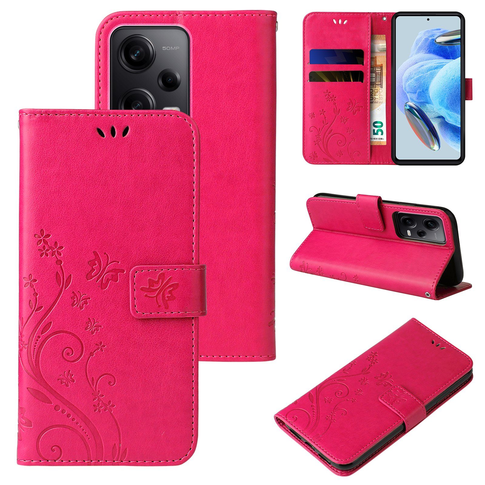 Tec-Expert Handyhülle Cover Tasche Hülle für Xiaomi Redmi Note 12 Pro 5G 6,67 Zoll, Klapphülle Case mit Kartenfach Fliphülle aufstellbar, Motiv Blumen