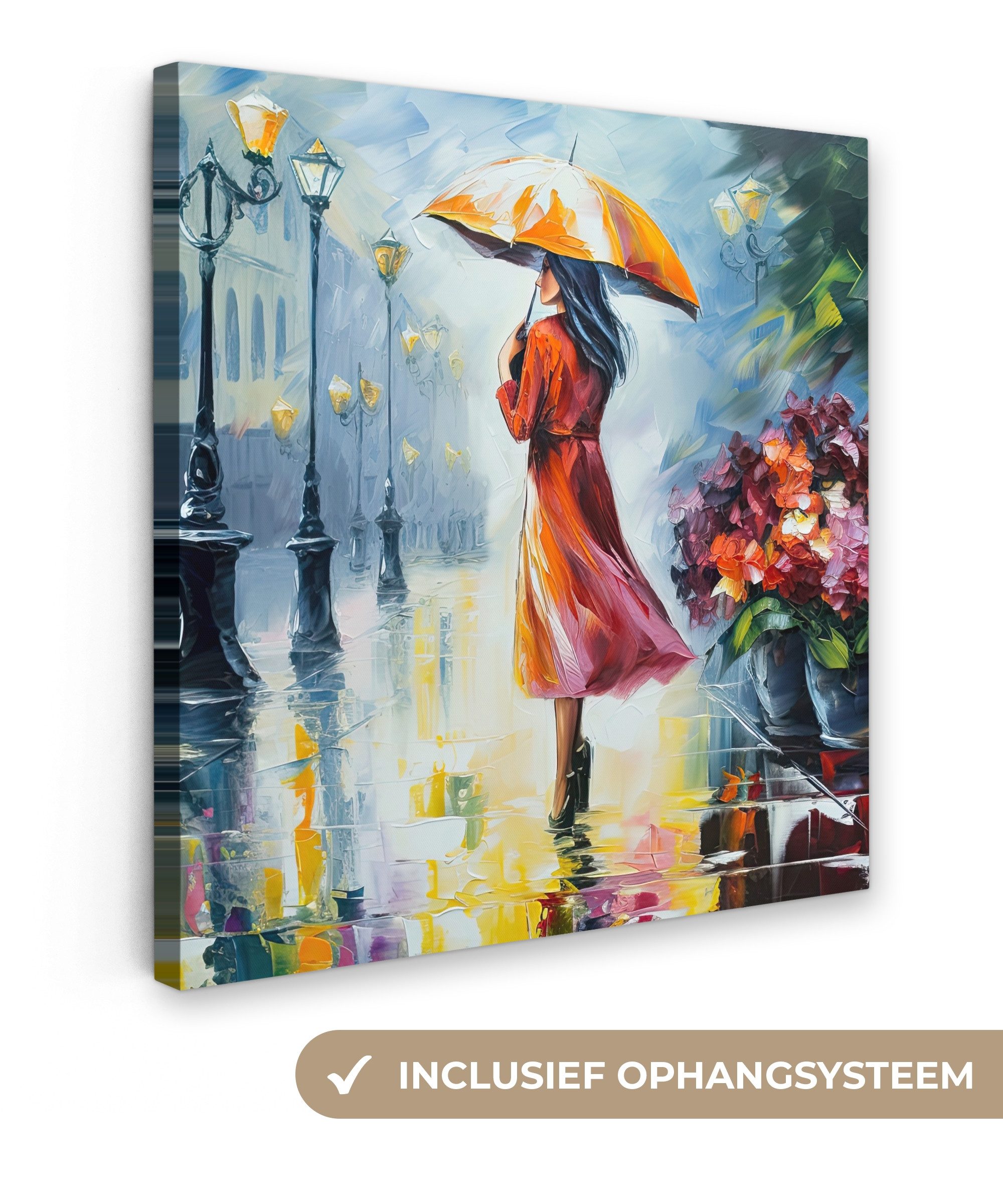 OneMillionCanvasses® Leinwandbild Ölfarbenoptik - Regenschirm - Frau - Straße - Kunst, Fotodruck (1 St), Wandbild, Deko Schlafzimmer Wohnzimmer Flur 20x20 cm