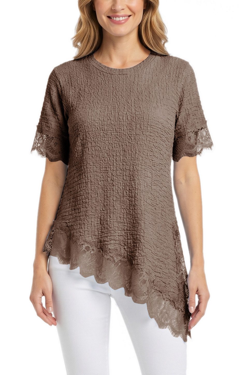 dy_mode Longtunika Damen Longshirt mit Spitzen Kurzarm Tunika in Knitter-Optik Oberteil in Unifarbe, Knitter-Optik, asymmetrisch mit Spitzen-Saum