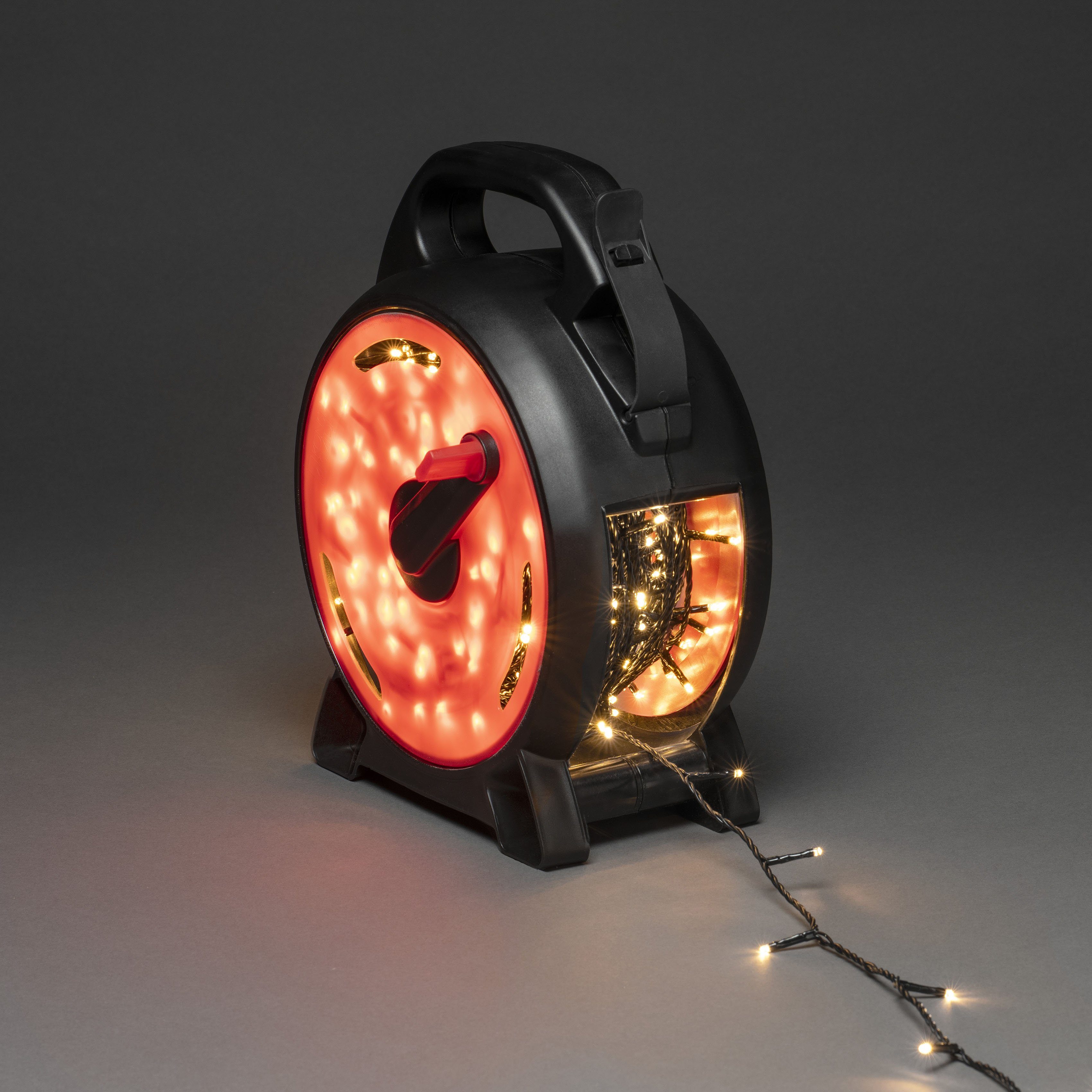 KONSTSMIDE LED-Lichterkette Weihnachtsdeko 600 warm aussen, schwarz-rot, 600-flammig, Kabelaufroller, Micro LEDs weiße mit Dioden