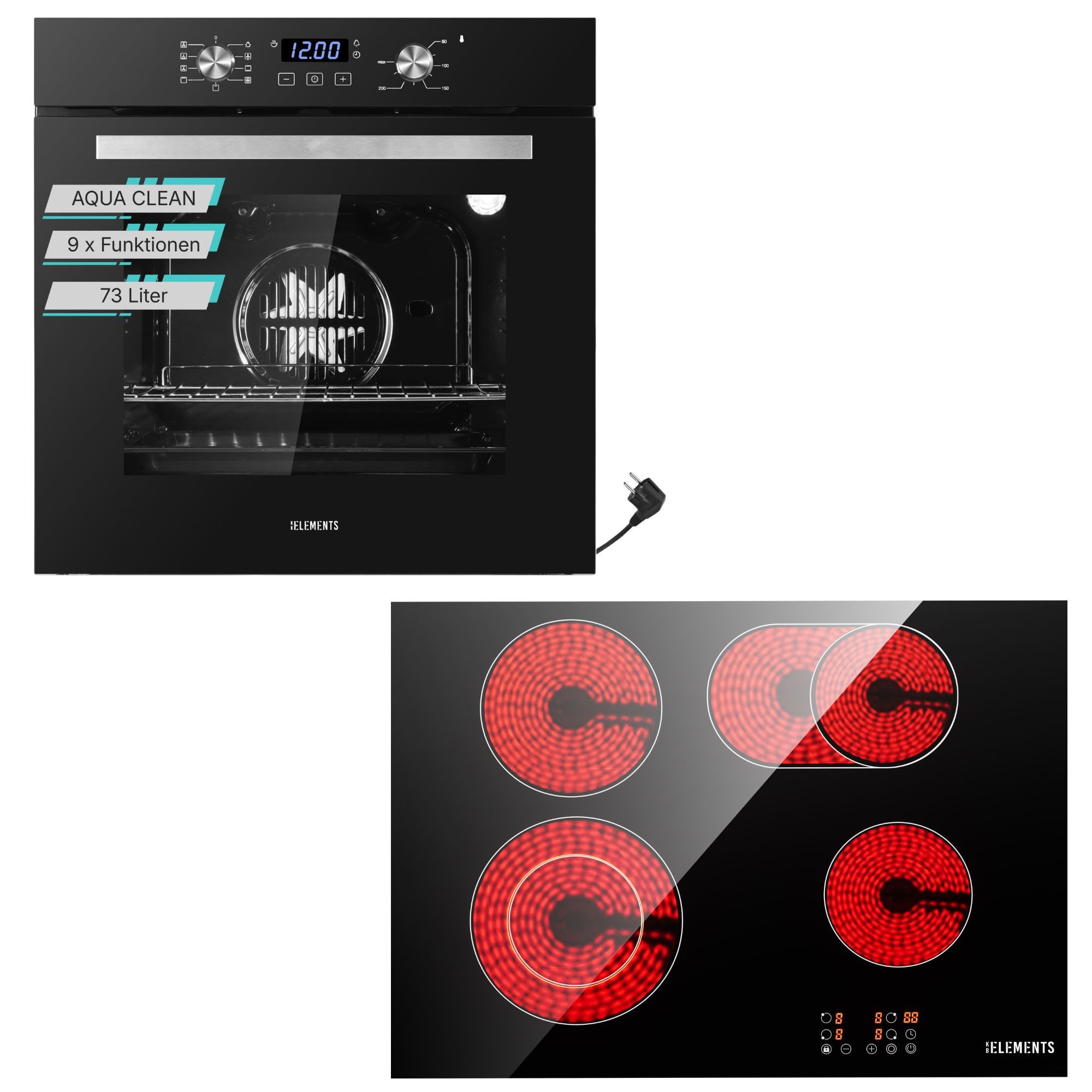 KB Elements Backofen-Set Einbaubackofen 60 cm mit 4-Zonen Glaskeramik Kochfeld 60 cm, AQUA CLEAN, Aqua Clean, Circle Fan Heater, Flexzone