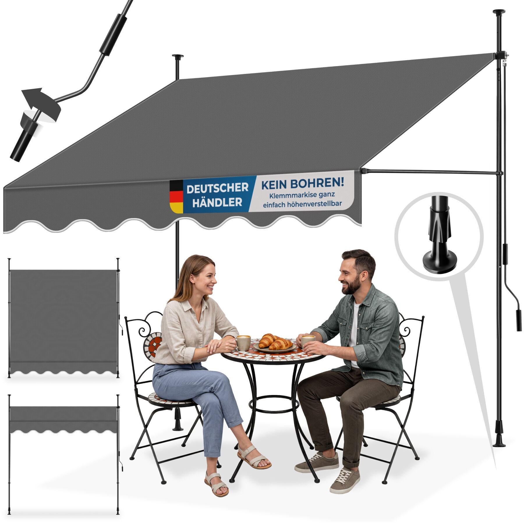 tectake Klemm-Senkrechtmarkise Klemmmarkise mit Handkurbel und bis 90° neigbar, UV-beständig (Sichtschutz/Sonnenschutz, Balkonmarkise für Terrasse und Garten, in schwarz/grau mit UV-Schutz 50) 180 x 200 x 304 cm, höhenverstellbar 211 - 304 cm, wasserabweisend